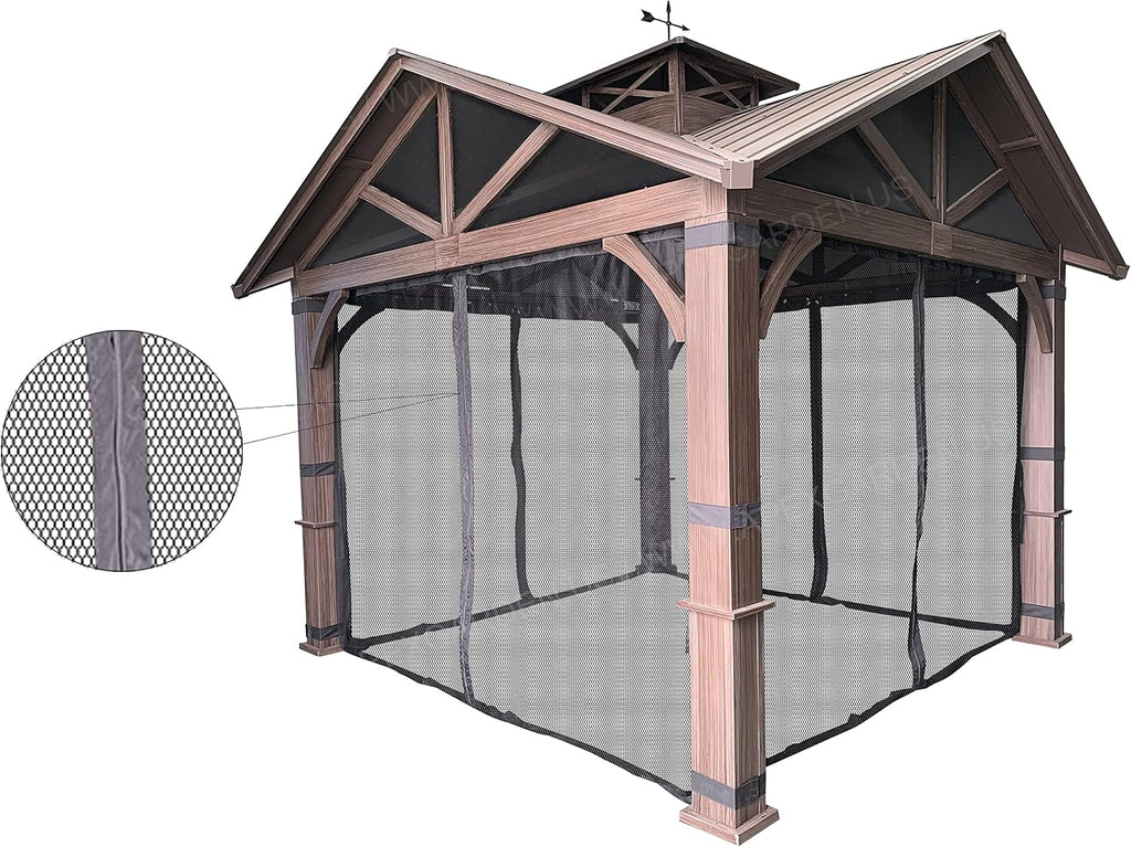 Gazebo Mosquito Netting with Slider Rail for Allen + roth Model #GF-18S112B 10'X10' Wood Looking Hand Paint Metal Square Semi- Gazebo (Screen Net ONLY) (Screen Net with Metal Slider Rail, Black-1)
