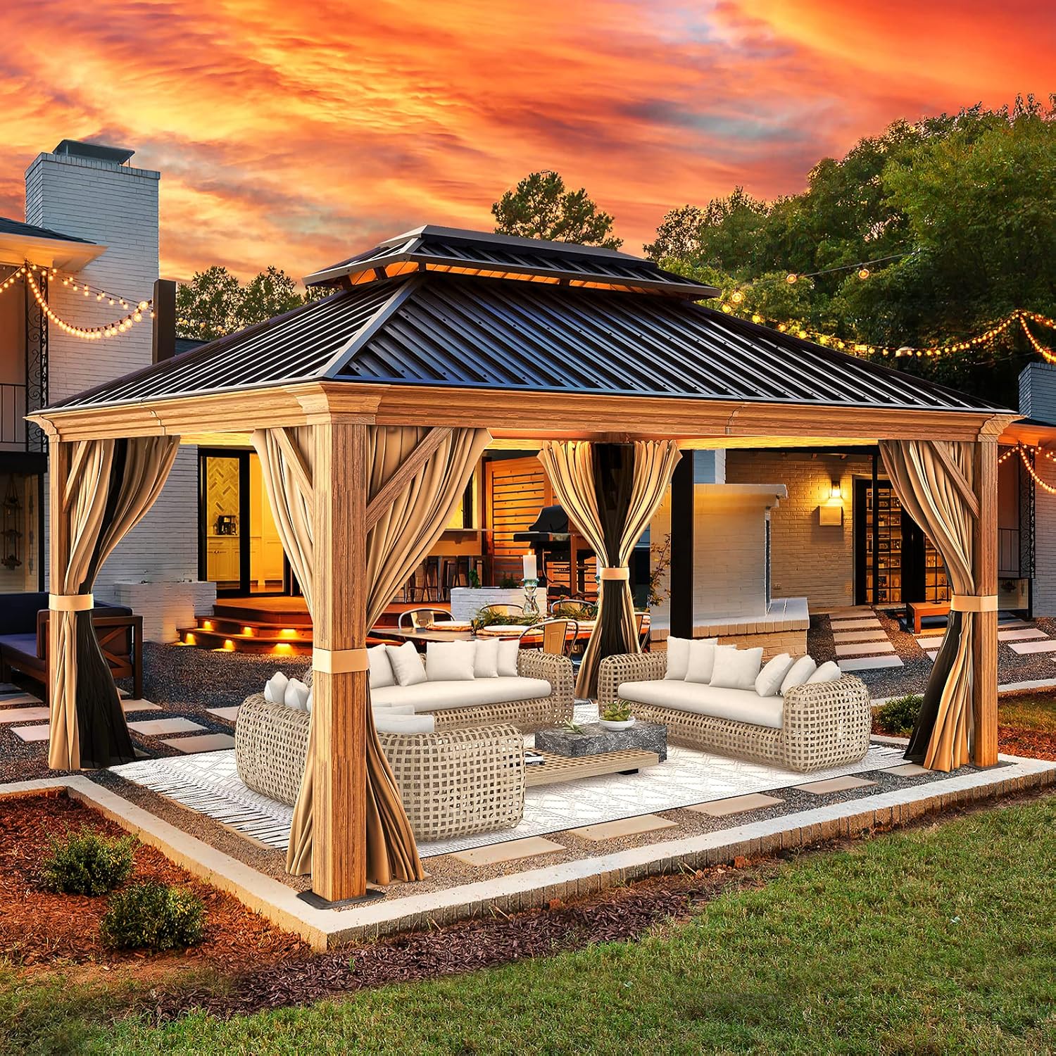 YOLENY 12' x 14' Hardtop Gazebo Wood Grain Aluminum Frame Gazebo, Outdoor Permanent Metal Pavilion with Netting and Curtains for Deck, Backyard, Patio, Lawns