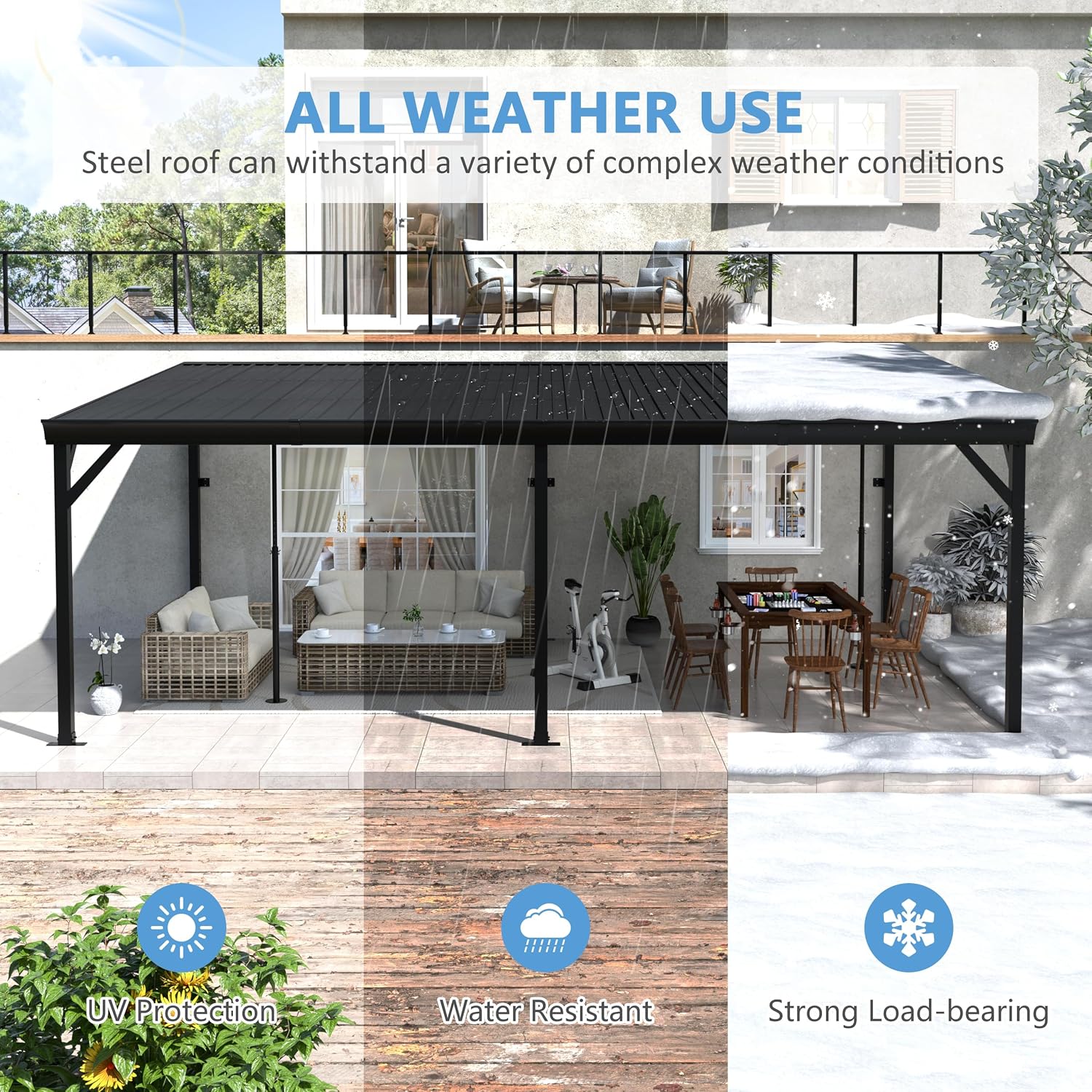 MUPATER 12'x 20' Lean to Gazebo, Outdoor Deck Gazebo with Metal Frame and Adjustable Support Posts, Wall-Mounted Heavy Duty Awnings W/Water Drainage System for Patio, Deck, Porch and Backyard