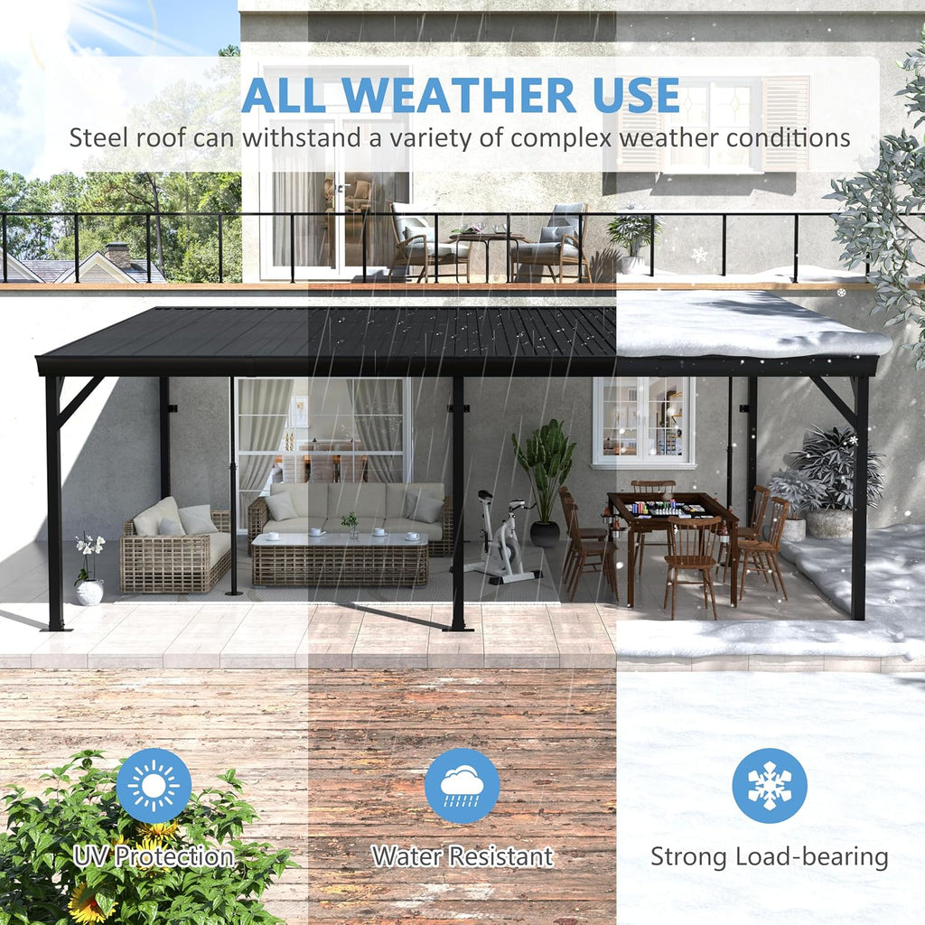 Yardenaler 12x20 FT Wall Mounted Gazebo, Hardtop Lean to Gazebo with Aluminum Slope Roof, 3.15'x3.15' Post Outdoor Pergola with Adjustable Support Posts for Poolside, Patio, Backyard, Deck, Black