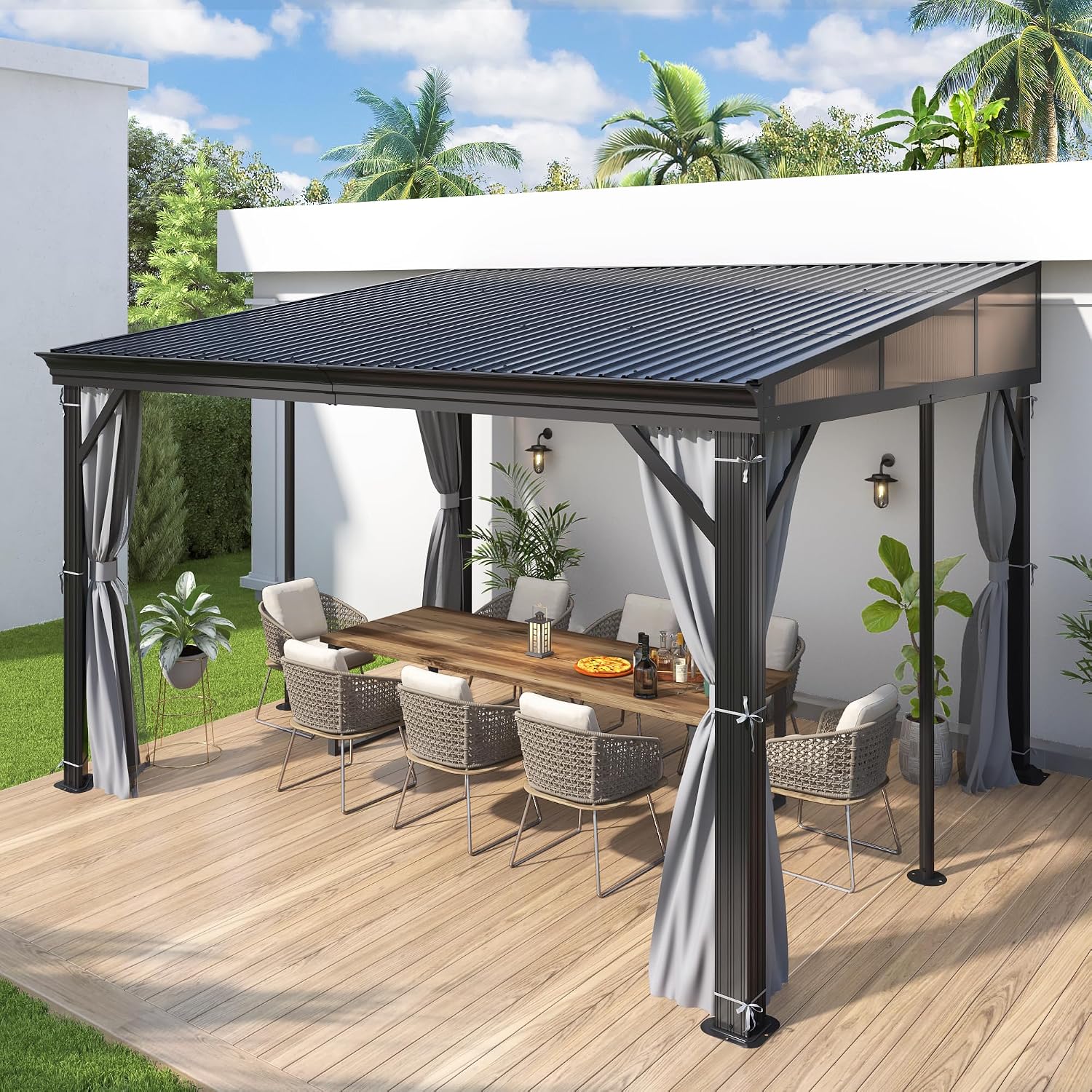 COVERONICS 10' X 12' Outdoor Lean to Gazebo - Wall-Mounted Aluminum Frame Gazebo with Slope Metal Roof, Patio Heavy-Duty Lean to Pergola with Netting & Curtains for Garden, Backyard, Deck