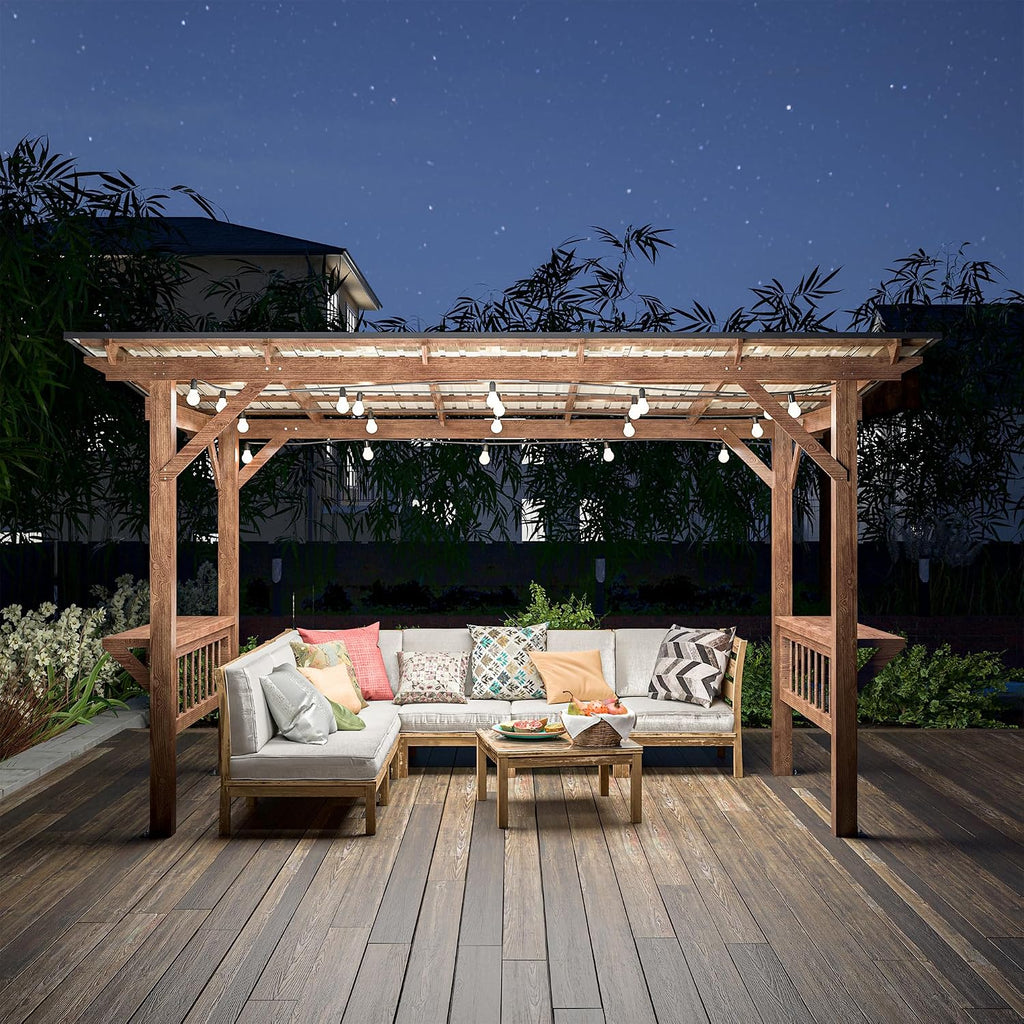 KEIKI 13' x 6.5' Wooden Grill Gazebo Metal Roof, Bulbs, Bar Counters, Patio Hardtop Grill Pergola, BBQ Canopy for Outdoor Patio, Lawn, Garden, Backyard