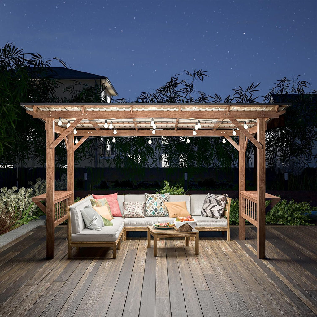 YOPTO 13x6.5 FT Outdoor Wooden Pergola Grill Gazebo with Metal Roof & Bulbs,Waterproof Garden Canopy W/Bar Counters,for Patio,Backyard,Swimming Pool,Brown
