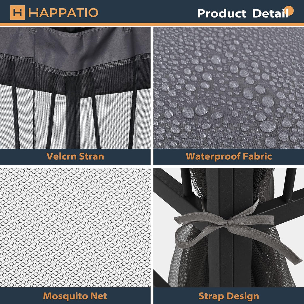 HAPPATIO 10' X 12' Outdoor Patio Gazebo, Canopy Gazebo for Garden,Yard,Patio with Ventilation Double Roof with Mosquito Netting,Gray