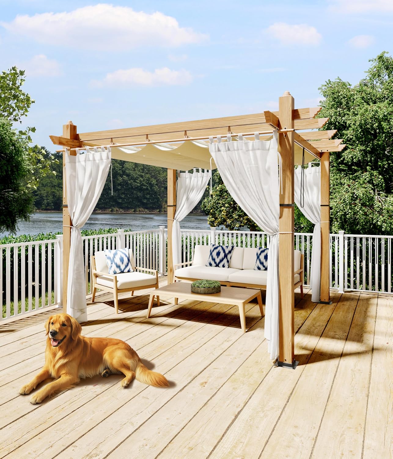 GAOMON 10x10 Ft Outdoor Pergola, Heavy-Duty Aluminum Patio Pergolas and Gazebos Clearance with Retractable Canopy & Side Mesh Curtain, Metal Pergola for Existing Deck, Backyard Garden Porch, Beige