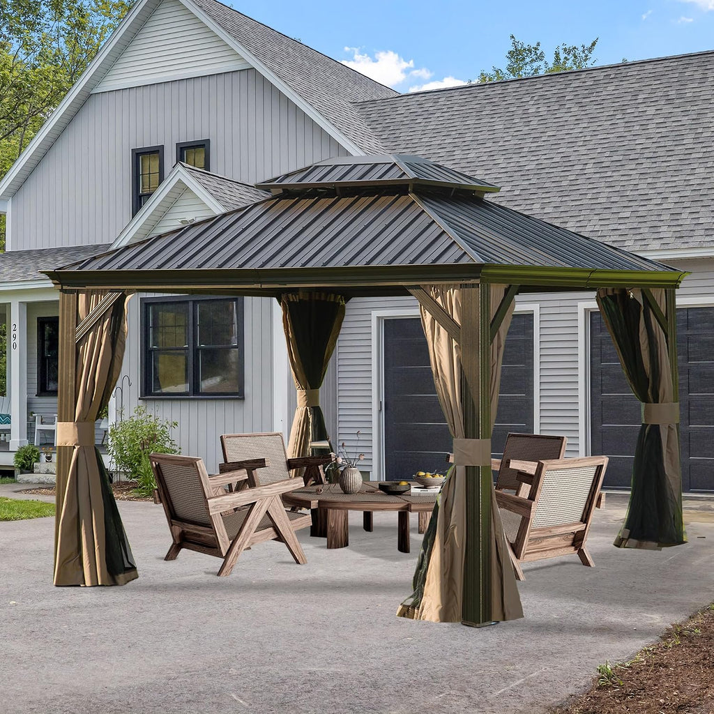 Domi 10' X 14' Hardtop Gazebo Permanent Outdoor Gazebo with Galvanized Steel Double Roof, Aluminum Frame, Curtains and Netting for Patio Lawn and Garden, Brown