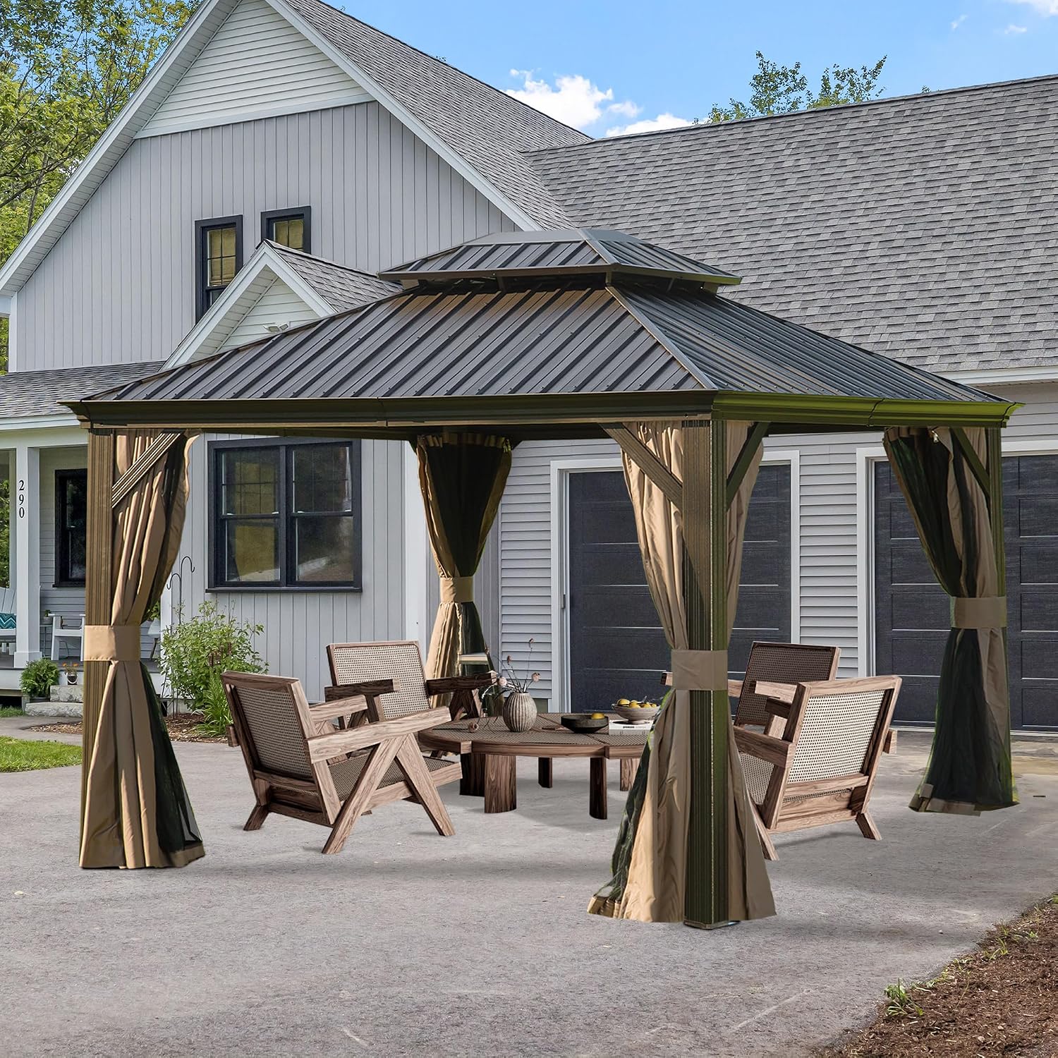 Domi 10' X 14' Hardtop Gazebo Permanent Outdoor Gazebo with Galvanized Steel Double Roof, Aluminum Frame, Curtains and Netting for Patio Lawn and Garden, Brown