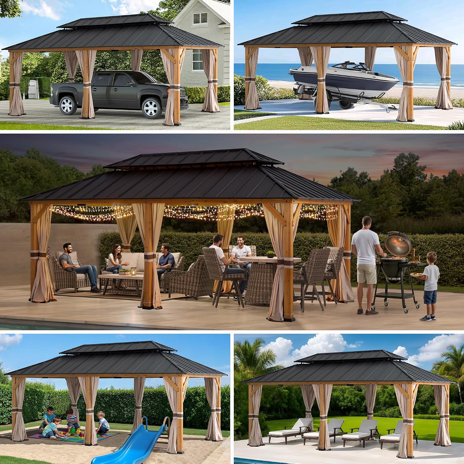 SUNJOY 12x20 Hardtop Wood Gazebo with Galvanized Steel Roof and Curtains, Outdoor Permanent Pavilion Cedar Gazebo for Backyard, Garden, Patio, Deck, Lawn