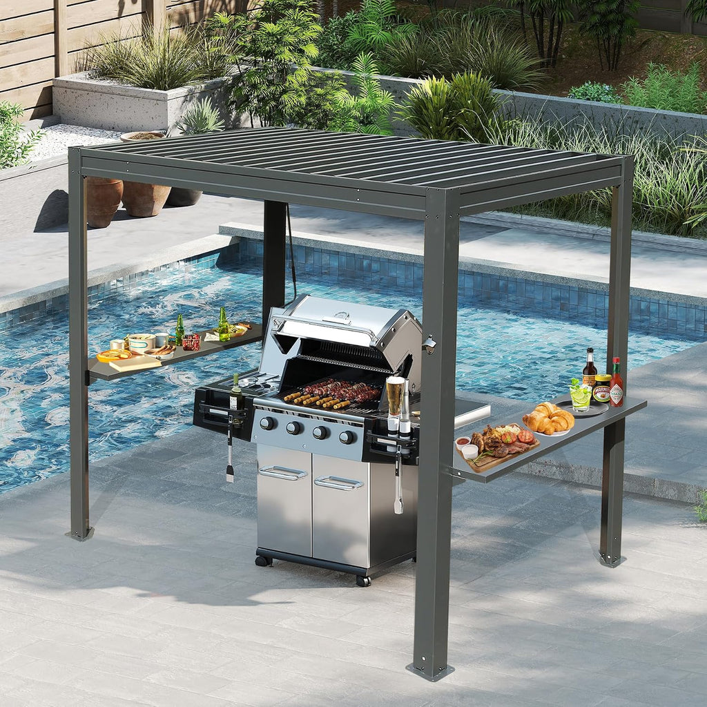 8x5 FT Grill Louvered Pergola for Outdoor Grill, Hardtop Grill Pergola with Built-in Gutter & Adjustable Rainproof Roof, Metal Shelter Gazebo for Patio Backyard Deck -Grey