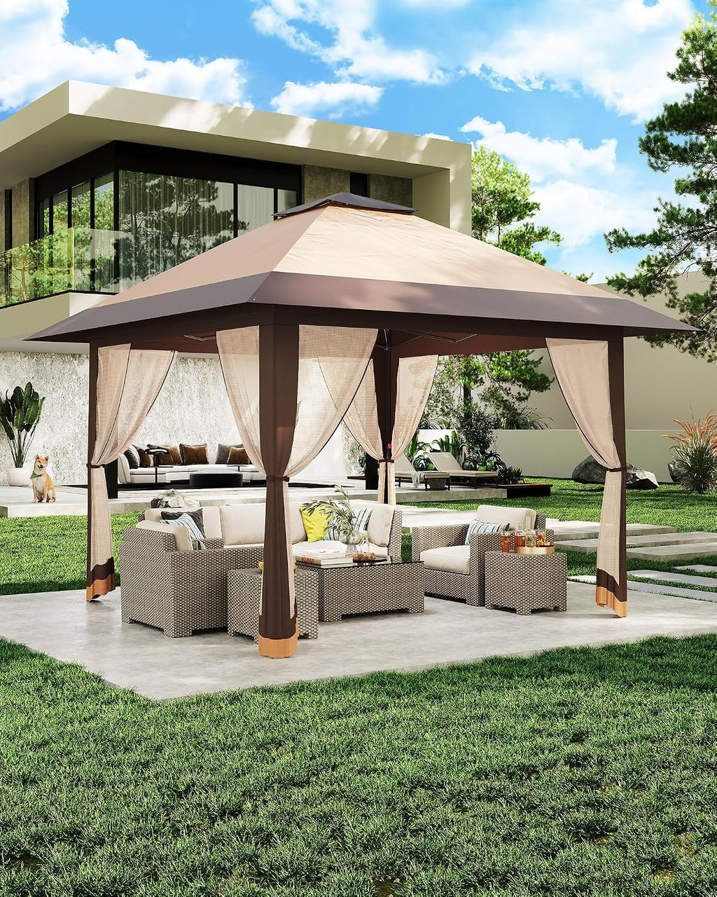 13x13ft Popup Hexagonal Gazebo with Mosquito Net, Adjustable Outdoor Hexagonal Canopy with Portable Handbag for Garden/Backyard/Patio - Gray (Khaki)