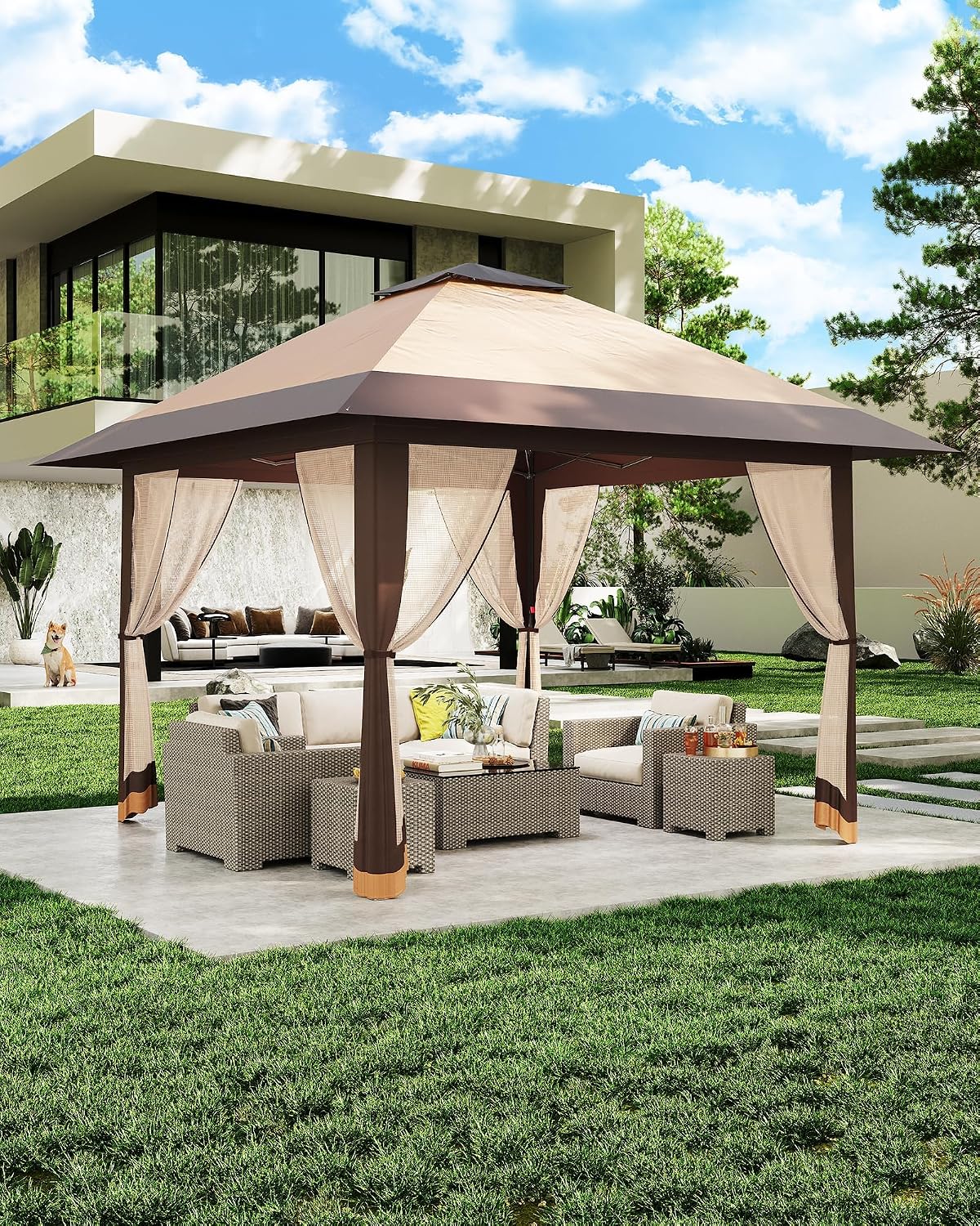 13x13ft Popup Hexagonal Gazebo with Mosquito Net, Adjustable Outdoor Hexagonal Canopy with Portable Handbag for Garden/Backyard/Patio - Gray (Khaki)
