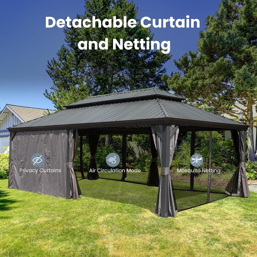 Domi 14' X 24' Hardtop Gazebo, Upgraded Metal Gazebo with Drainage System, Dual-Layer Galvanized Steel Roof, Curtain and Netting, Outdoor Shelter Canopy for Patio, Garden, and Backyard, Grey