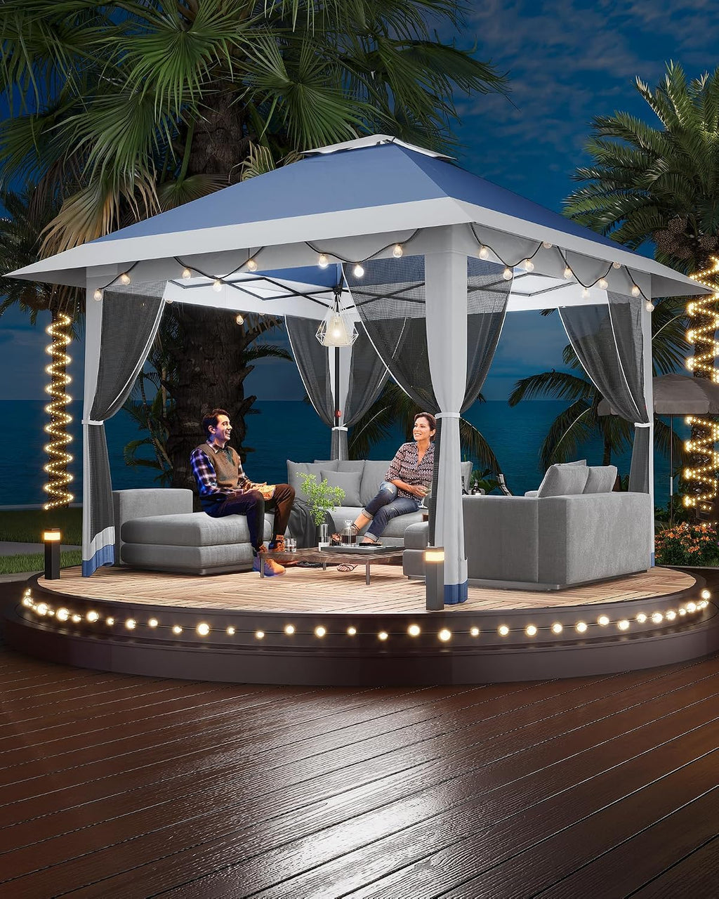 13x13ft Popup Hexagonal Gazebo with Mosquito Net, Adjustable Outdoor Hexagonal Canopy with Portable Handbag for Garden/Backyard/Patio - Gray (Navy Blue)