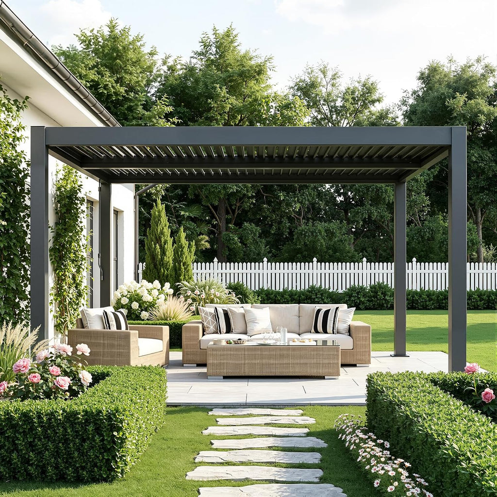 MELLCOM Pergola Louvered 10x12, Metal Hardtop Pergola with Adjustable Roof for Sun & Rain Shade, Outdoor Gazebo with Integrated Drainage System, Modern Rustproof Patio Canopy Carport