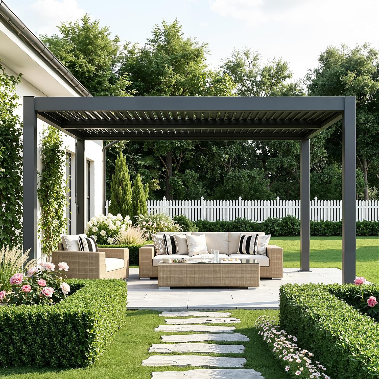 MELLCOM Pergola Louvered 10x12, Metal Hardtop Pergola with Adjustable Roof for Sun & Rain Shade, Outdoor Gazebo with Integrated Drainage System, Modern Rustproof Patio Canopy Carport