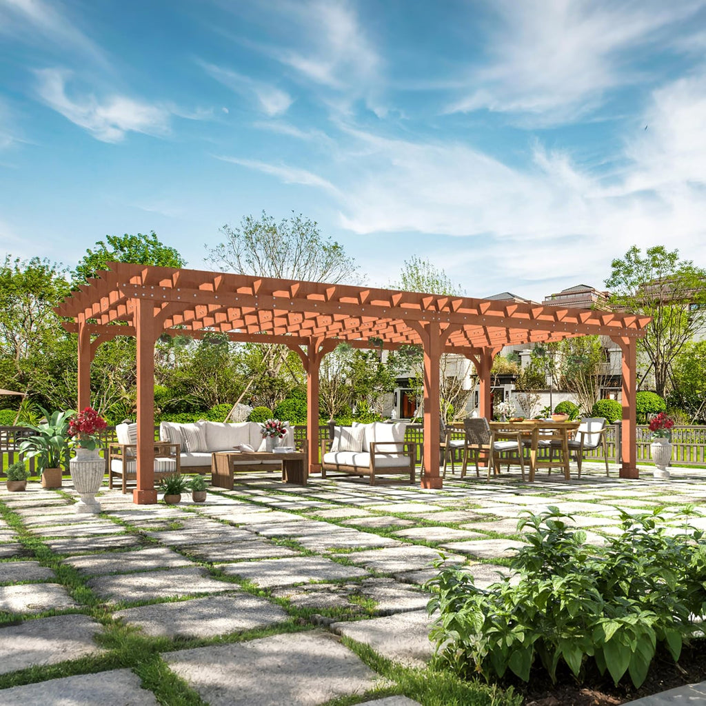 BlueWish 12'x24' Outdoor Pergola, Patio Pergola with Slatted Roof Trellis, Cedar Wood Pergolas Backyard Gazebo with Solid Structure for Deck Yard Grill Party Garden
