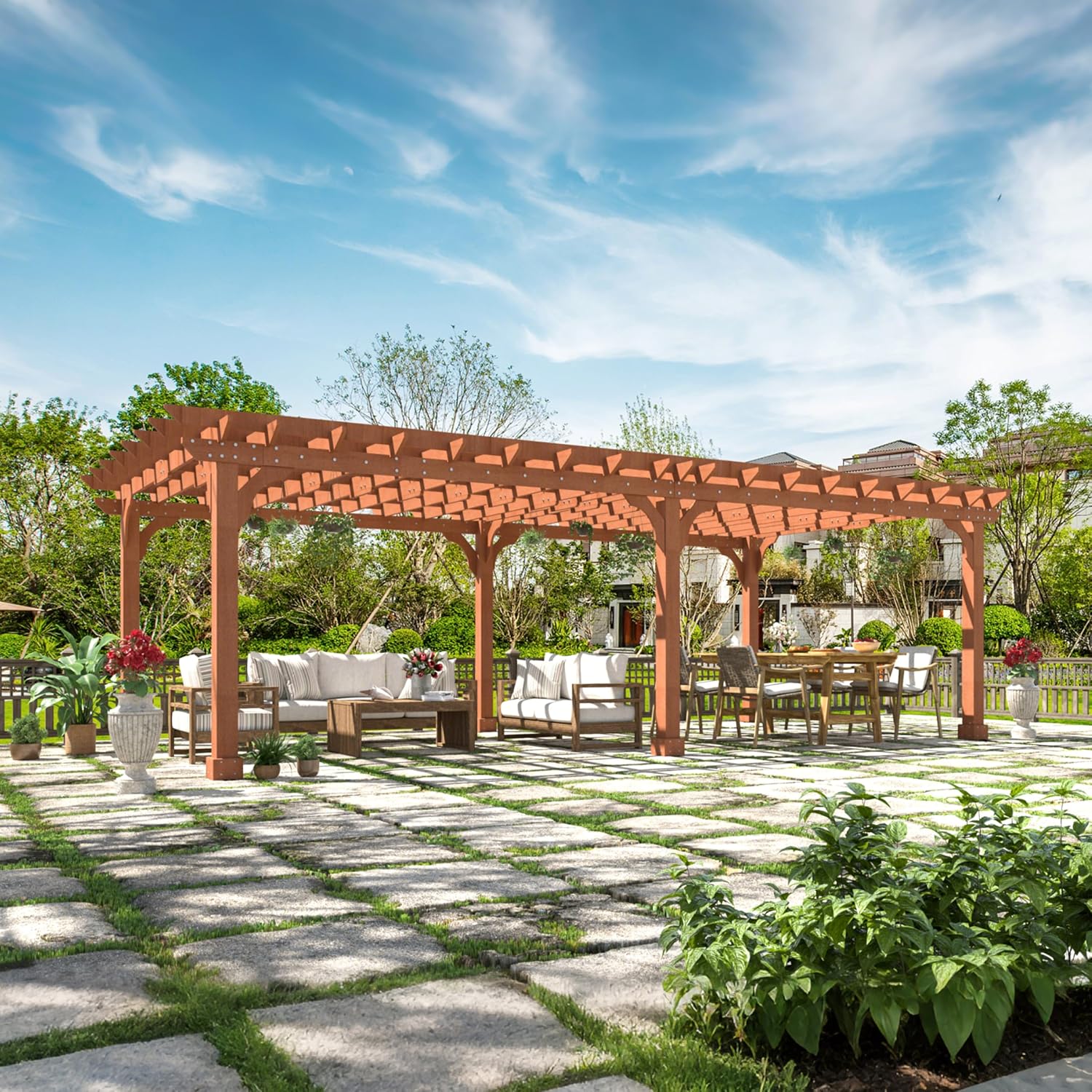 BlueWish 12'x24' Outdoor Pergola, Patio Pergola with Slatted Roof Trellis, Cedar Wood Pergolas Backyard Gazebo with Solid Structure for Deck Yard Grill Party Garden