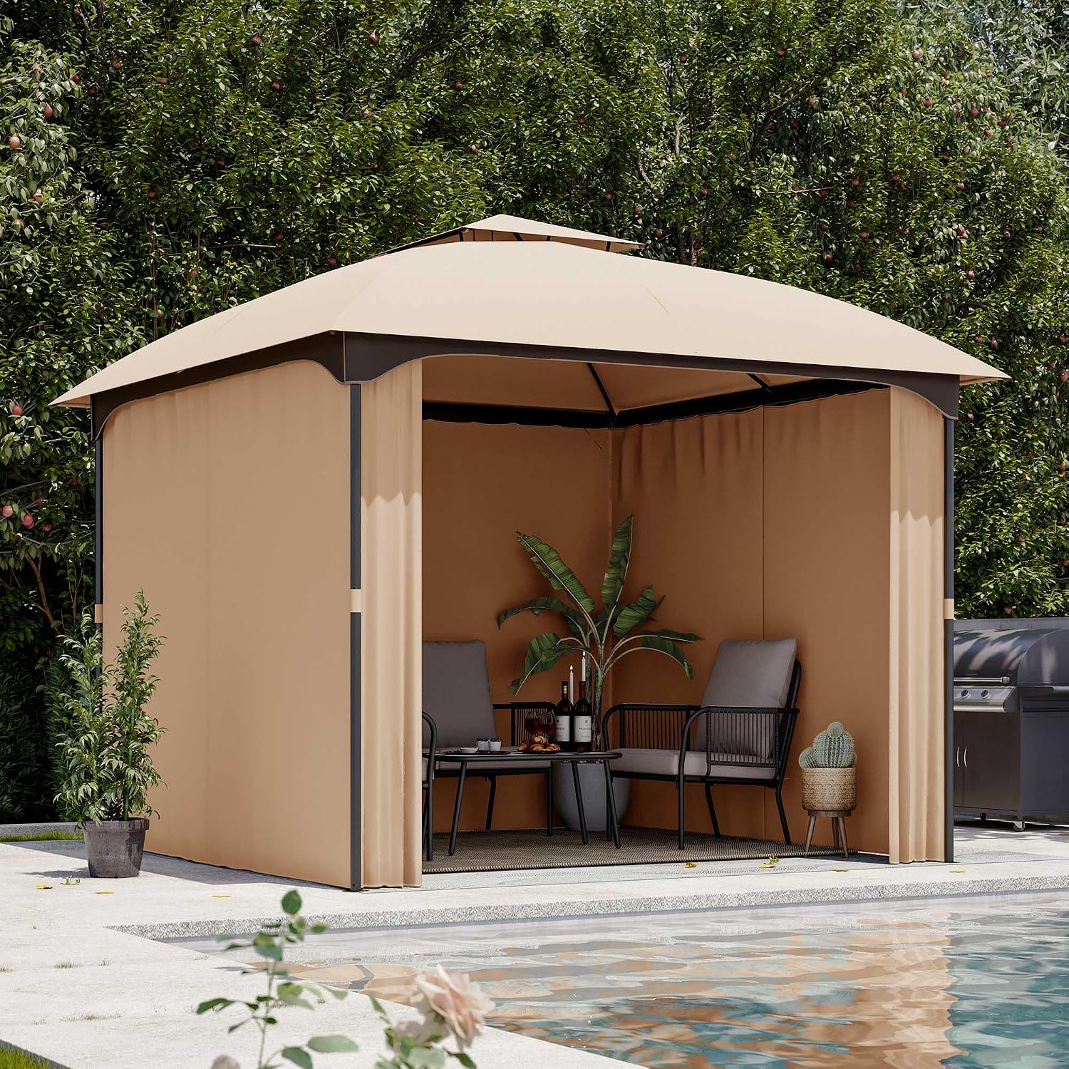 LAUSAINT HOME 10'x10' Patio Arc Gazebo, Outdoor Canopy Tent with Curved Roof Design, Double Tier Top, Privacy Curtains & Wind-Resistant Ropes, Backyard Garden Lawn, Khaki