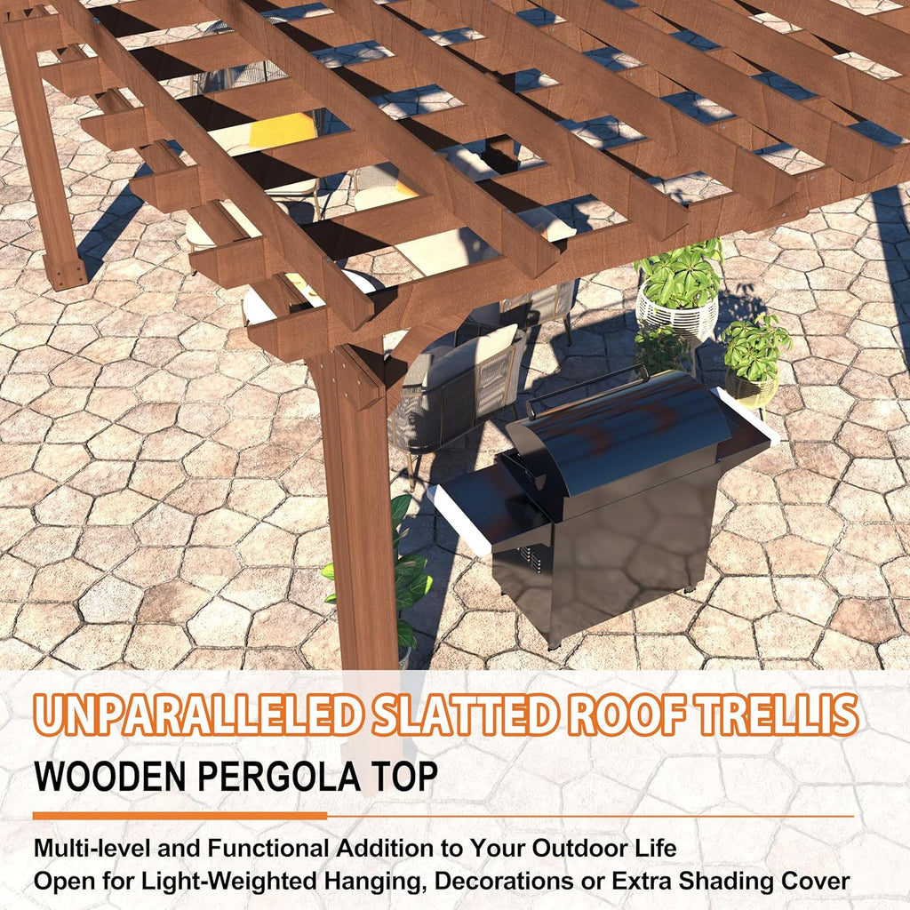 BlueWish 12' x 14' Cedar Wood Patio Pergola with Slatted Trellis Roof, Outdoor Pergola Backyard Gazebo with Solid Structure for Deck Yard Grill Party Garden