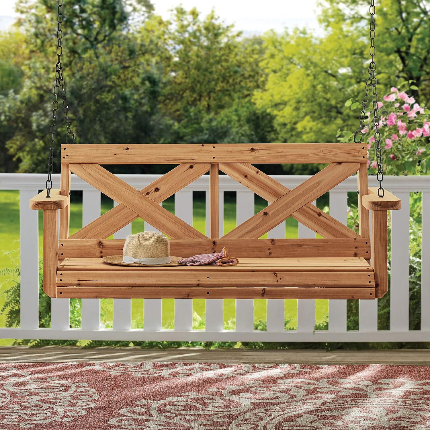 Backyard Discovery 55' Cedar Wood Farmhouse Outdoor Porch Swing Bench with Two-Person Seating, Durable Hanging Chains, Water-Resistant, Heavy-Duty 600 Lbs Weight Capacity for Patio, Deck, Garden