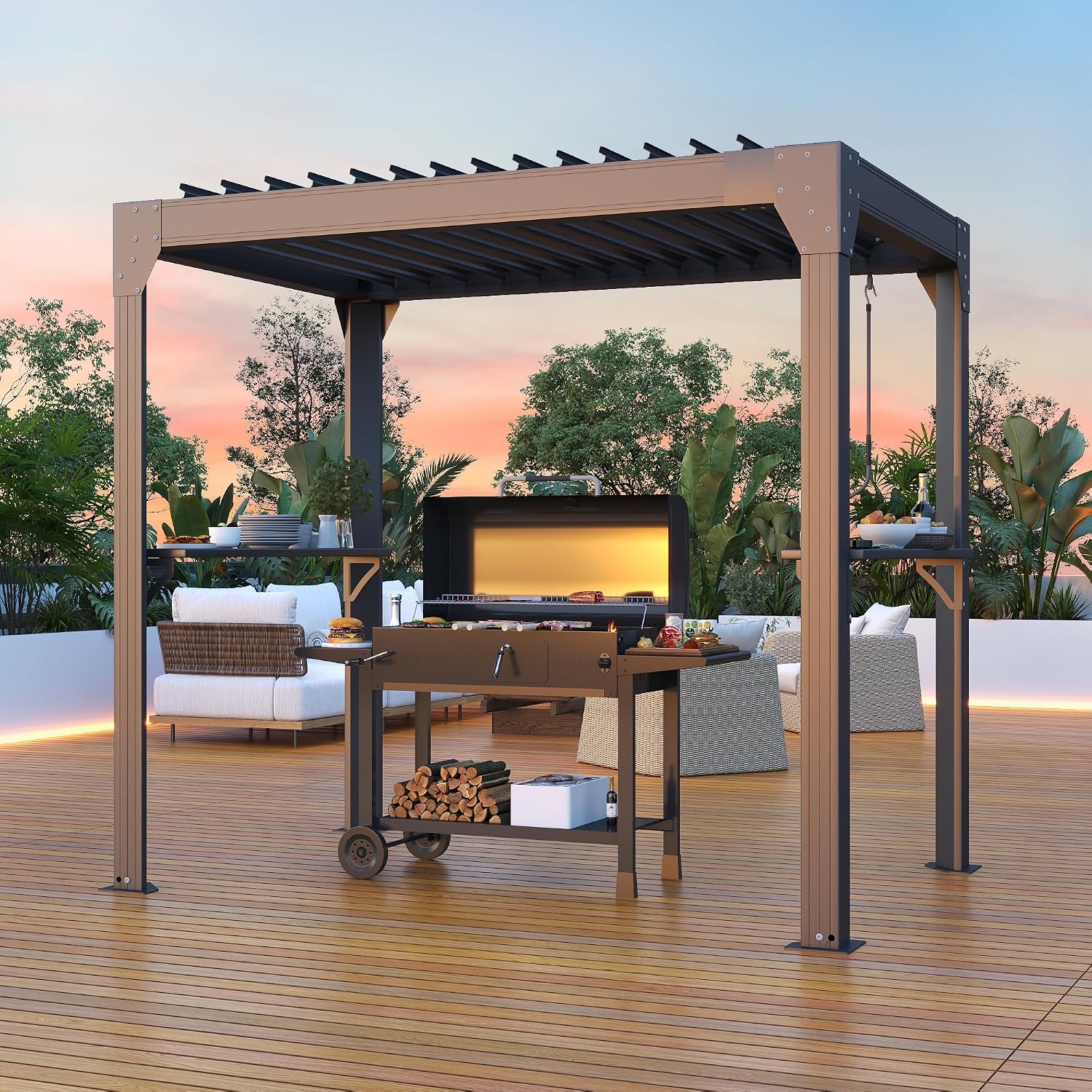 MELLCOM Grill Pergola 8x5.2ft with Adjustable Louvered Roof, Aluminum Gazebo with 2 Shelves & Rain Gutter, Weatherproof Outdoor Shelter for BBQ & Patio, Black