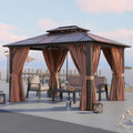 Aoxun 10' x 12' Outdoor Hardtop Gazebo Premium Polycarbonate Double - Roof Structure with Aluminum Frame, Complete with Privacy Curtains & Mosquito Netting for Backyard, Patio, Deck Parties (Brown)