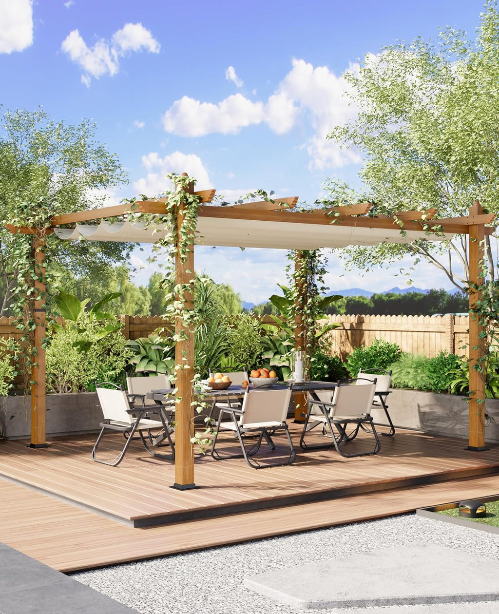 Garvee 10x13 ft Outdoor Pergola with Retractable Canopy – Upgraded Aluminum Faux Wood Grain Metal Patio Pergola for Modern Backyard Deck, Porch, Grape Trellis in Beige