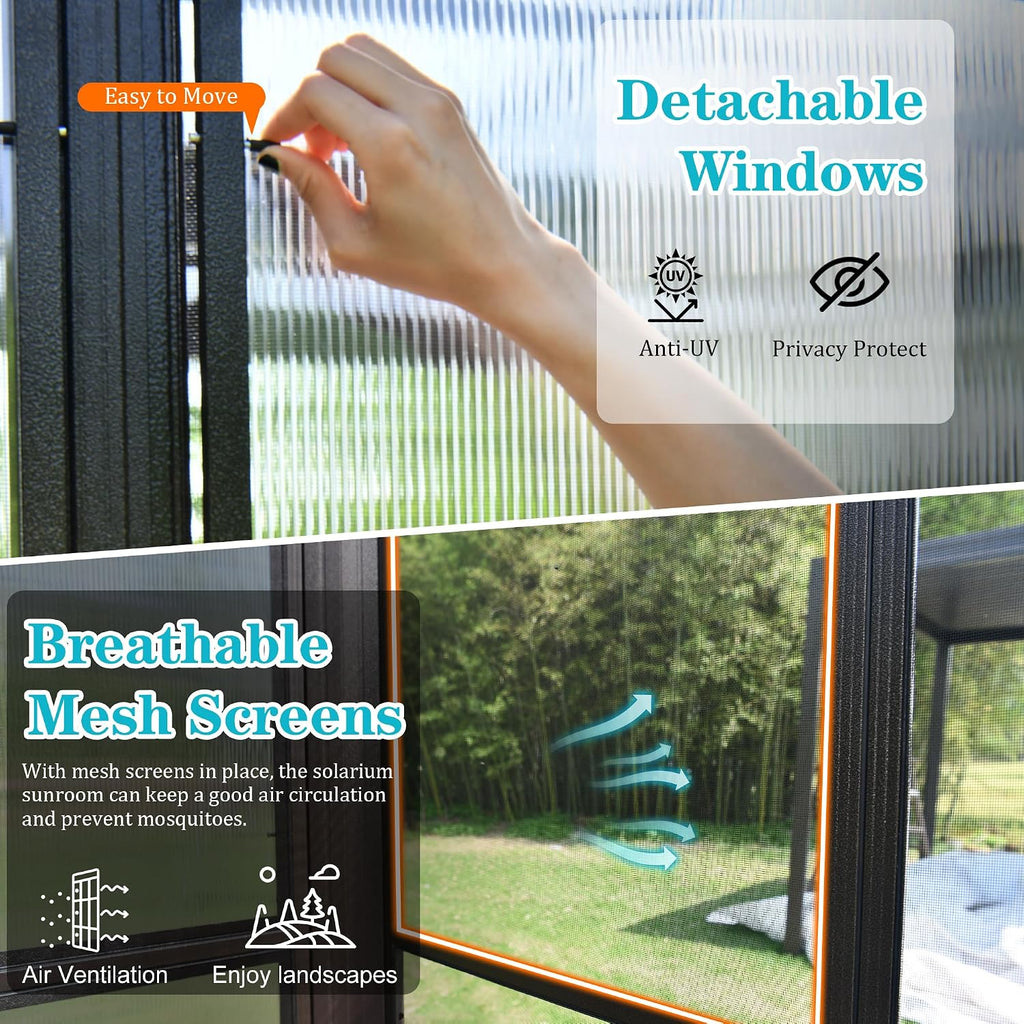 Domi 10x12FT All Season Sunroom, Outdoor Permanent Wall Mounted Solarium with Detachable Polycarbonate Windows, Aluminum Lean to Gazebo Sun Room with 2 Lockable Sliding Doors for Garden Patio Deck