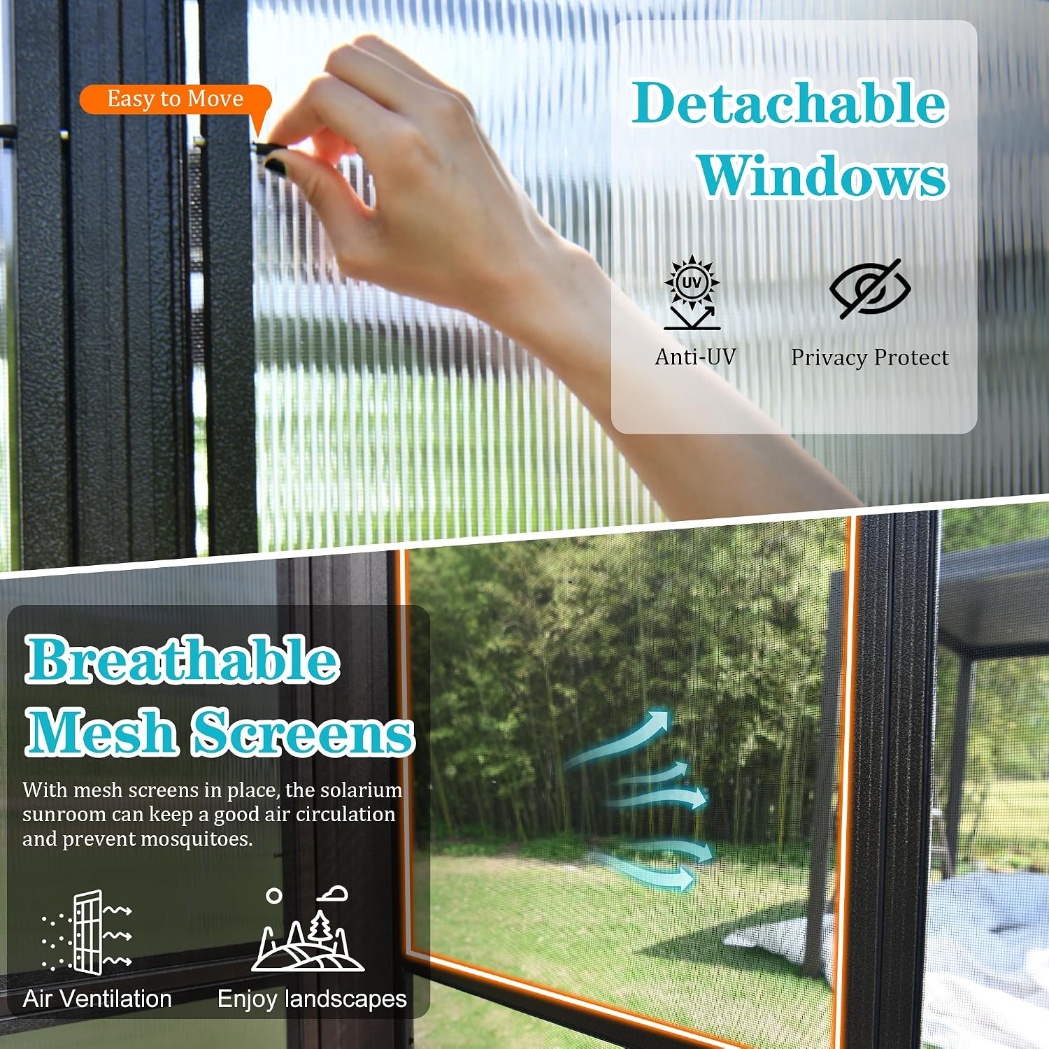 Domi 10x12FT All Season Sunroom, Outdoor Permanent Wall Mounted Solarium with Detachable Polycarbonate Windows, Aluminum Lean to Gazebo Sun Room with 2 Lockable Sliding Doors for Garden Patio Deck