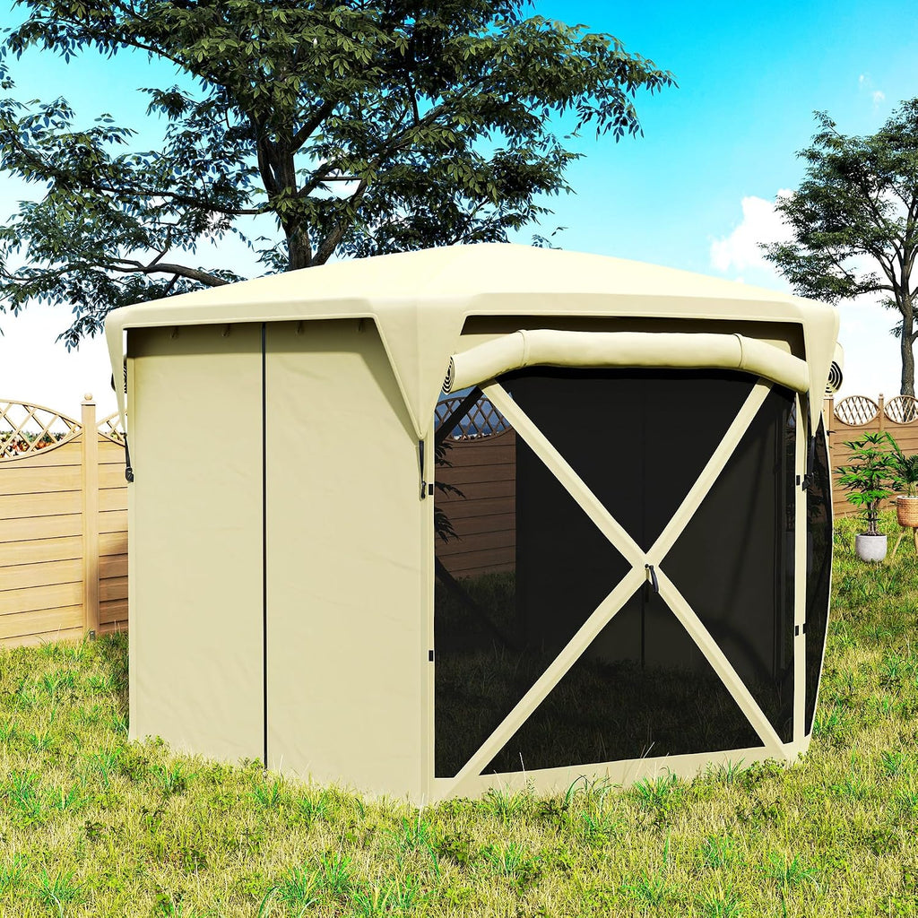 Outsunny Pop Up Gazebo Screen Tent House, 11 x 11ft with UPF30+ Removable Roof Cover, 4 Roll-up Wind Panels and Carry Bag for Camping, Patio, Backyard, Lawn, Beige