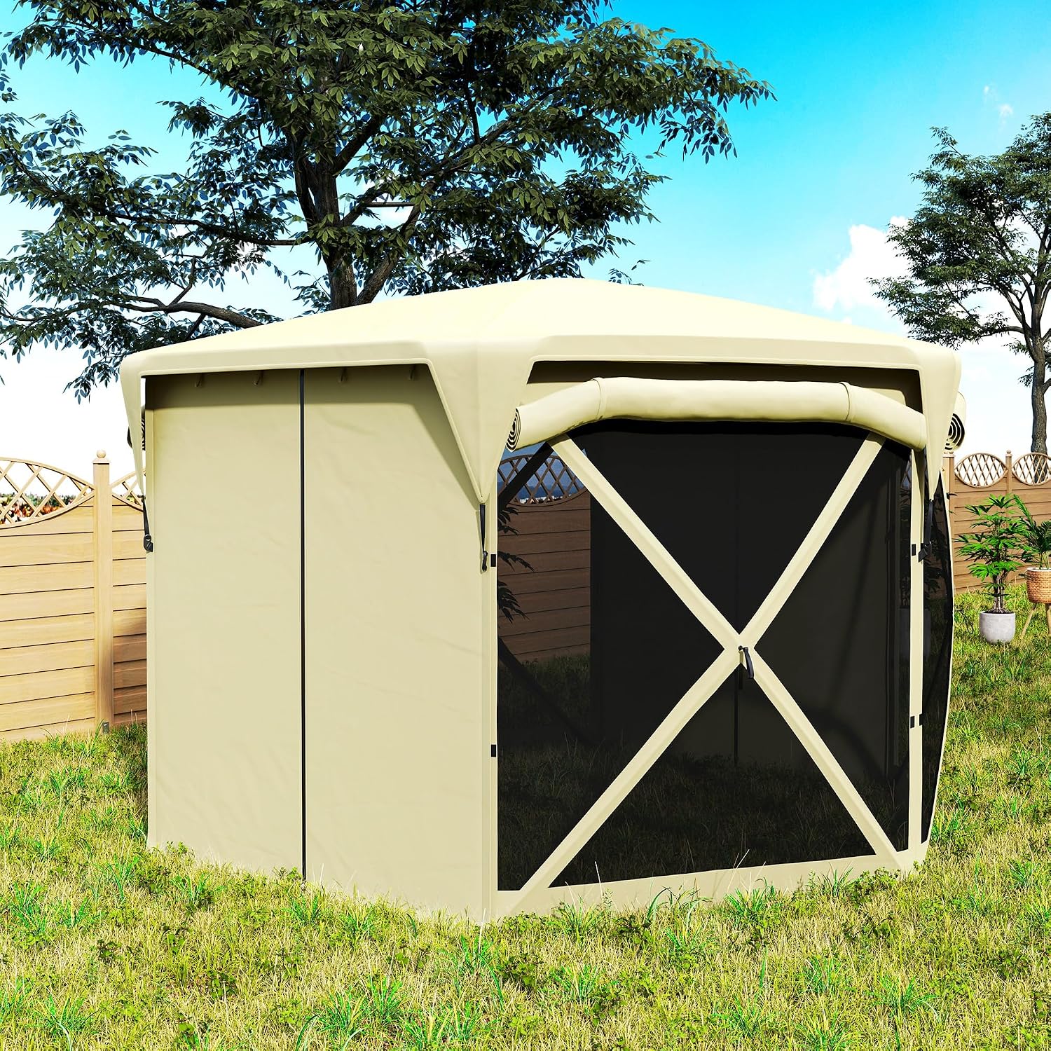 Outsunny Pop Up Gazebo Screen Tent House, 11 x 11ft with UPF30+ Removable Roof Cover, 4 Roll-up Wind Panels and Carry Bag for Camping, Patio, Backyard, Lawn, Beige
