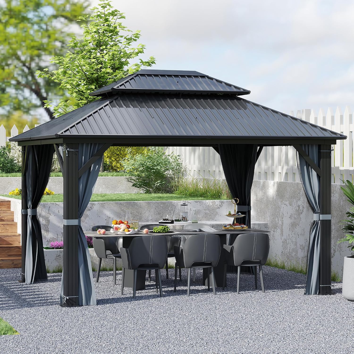 10'x12' Hardtop Gazebo, Outdoor Double Roof Galvanized Steel Gazebo, Aluminum Frame Permanent Pavilion with Curtains & Netting for Backyard, Patio, Deck (Galvanized Steel Top, 10x12 FT)
