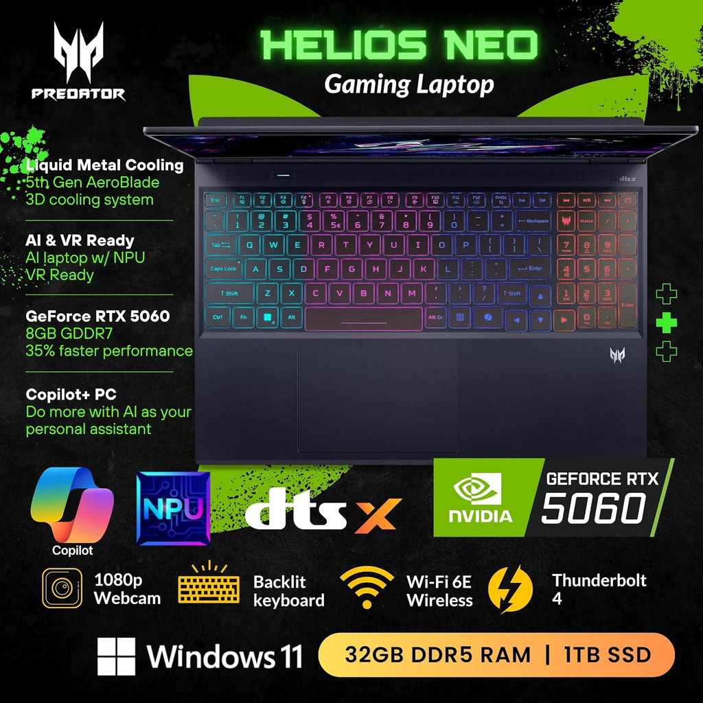 Acer Predator Helios Neo 16S AI Gaming Laptop, 16 240Hz 2.5K OLED, Intel Core Ultra 9 275HX, NVIDIA GeForce RTX 5060, VR Ready, Copilot, Liquid Cooling, Black, Windows 11 Home(32GB DDR5 RAM | 1TB SSD)
