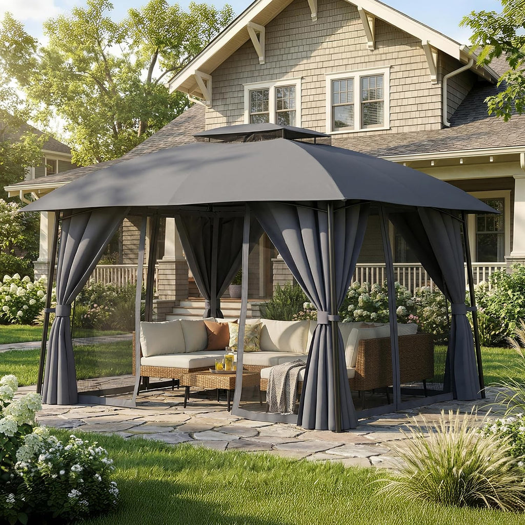 Outdoor Patio Gazebo 10x12, Heavy Duty Metal Frame Canopy Tent Shelter with Double Roof Design, Patio Gazebo with Mosquito Nettings and Privacy Screens for Backyard, Deck, Garden (Dark Grey)