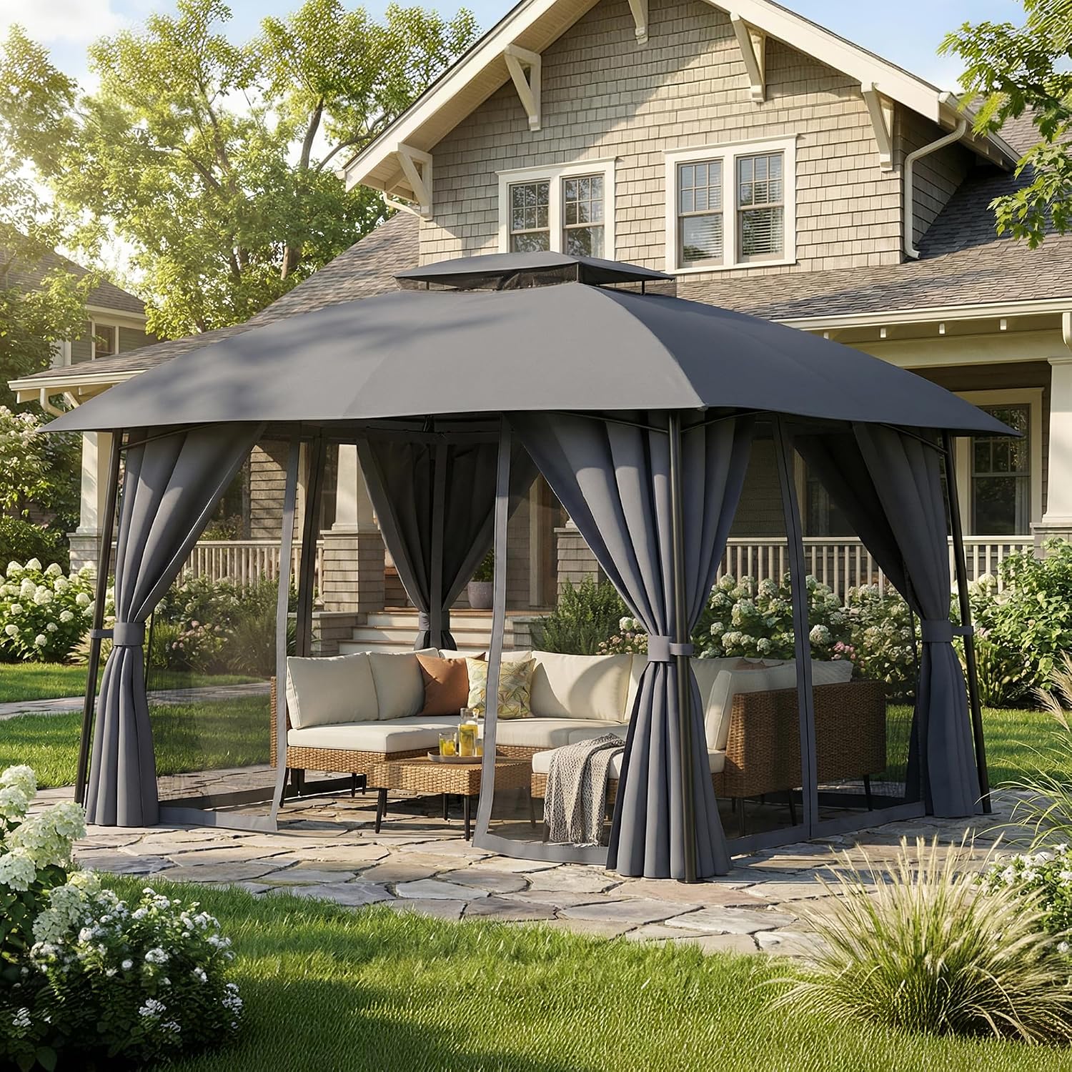 Outdoor Patio Gazebo 10x12, Heavy Duty Metal Frame Canopy Tent Shelter with Double Roof Design, Patio Gazebo with Mosquito Nettings and Privacy Screens for Backyard, Deck, Garden (Dark Grey)