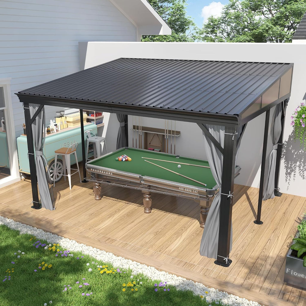 10'x12' Lean to Gazebo, Hardtop Wall Mounted Gazebo with Aluminum Frame, Slpoing Galvanized Steel Roof Wall Gazebos Pergola with Curtains and Netting for Patio,Decks, Garden and Lawn