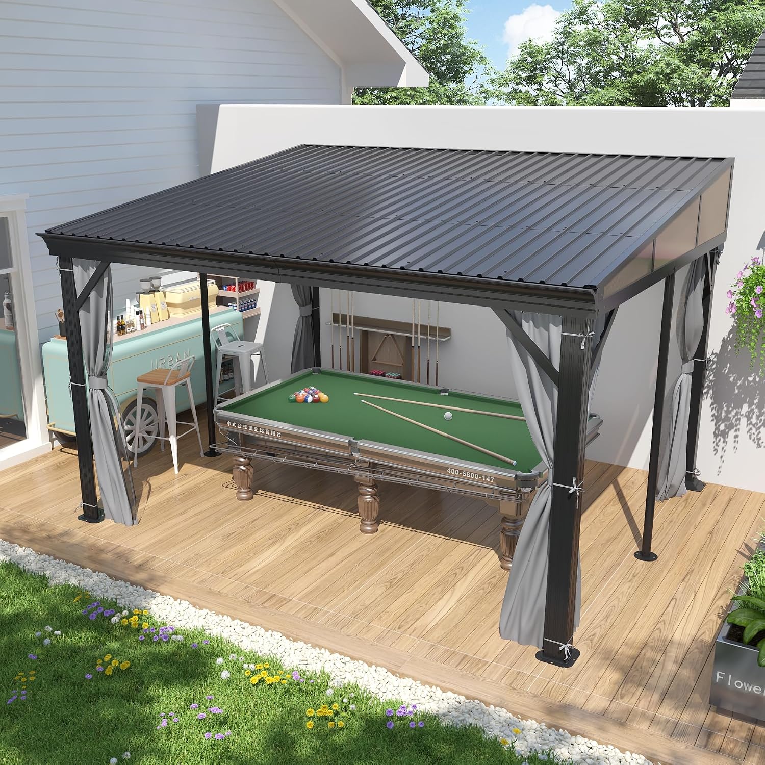 10'x12' Lean to Gazebo, Hardtop Wall Mounted Gazebo with Aluminum Frame, Slpoing Galvanized Steel Roof Wall Gazebos Pergola with Curtains and Netting for Patio,Decks, Garden and Lawn