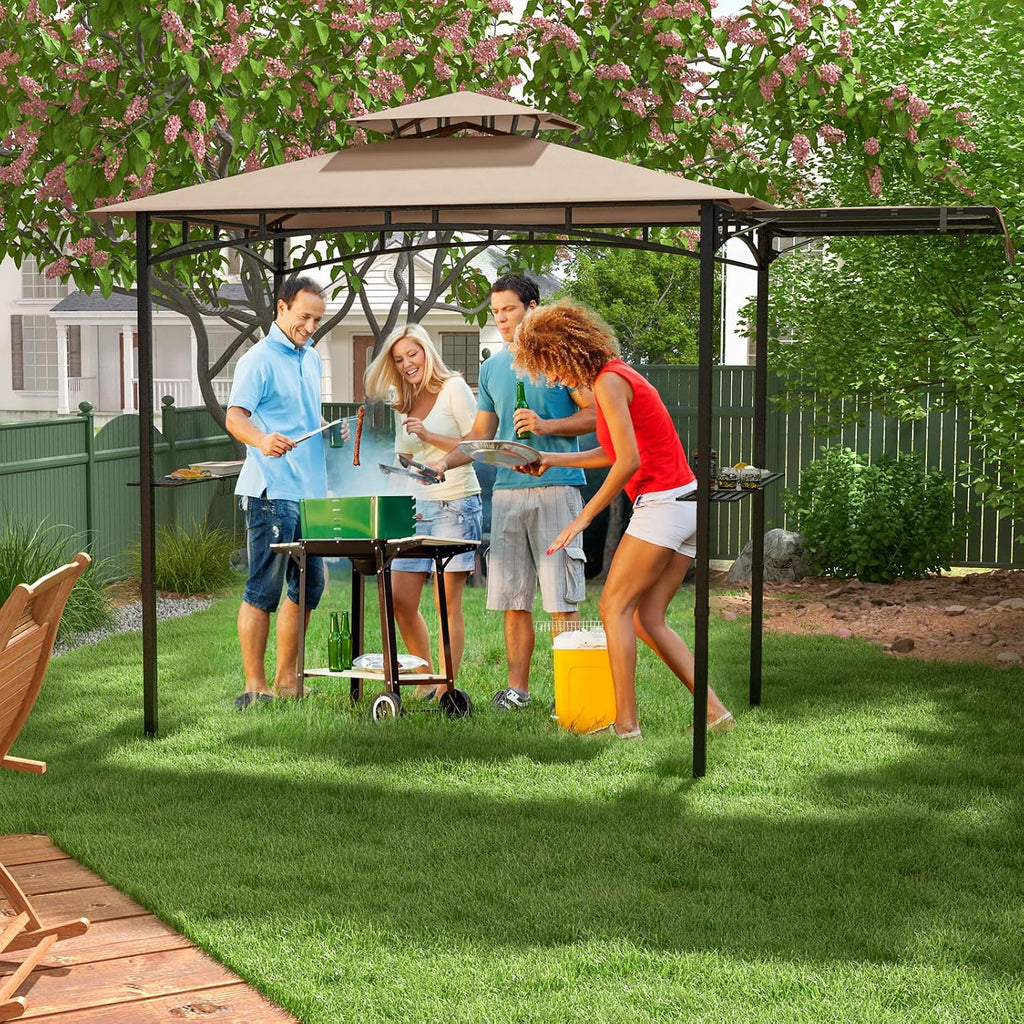 HAPPYGRILL Outdoor Grill Gazebo Canopy 11 x 5 FT, Barbecue Canopy with Double-Tiered Top, 2 Side Shelves, Hanging Hooks, Bottle Opener, Metal Frame, BBQ Grilling Shelter