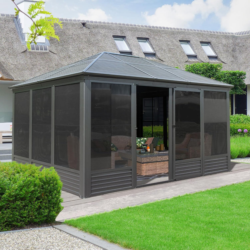Domi 11.2x14.6FT Solarium Sunroom Kit, Outdoor Enclosed Patio Sunroom Gazebo with Aluminum Frame, Permanent Freestanding Hardtop Gazebo with 2 Sliding Doors (Front and Rear), Movable PVC Windows