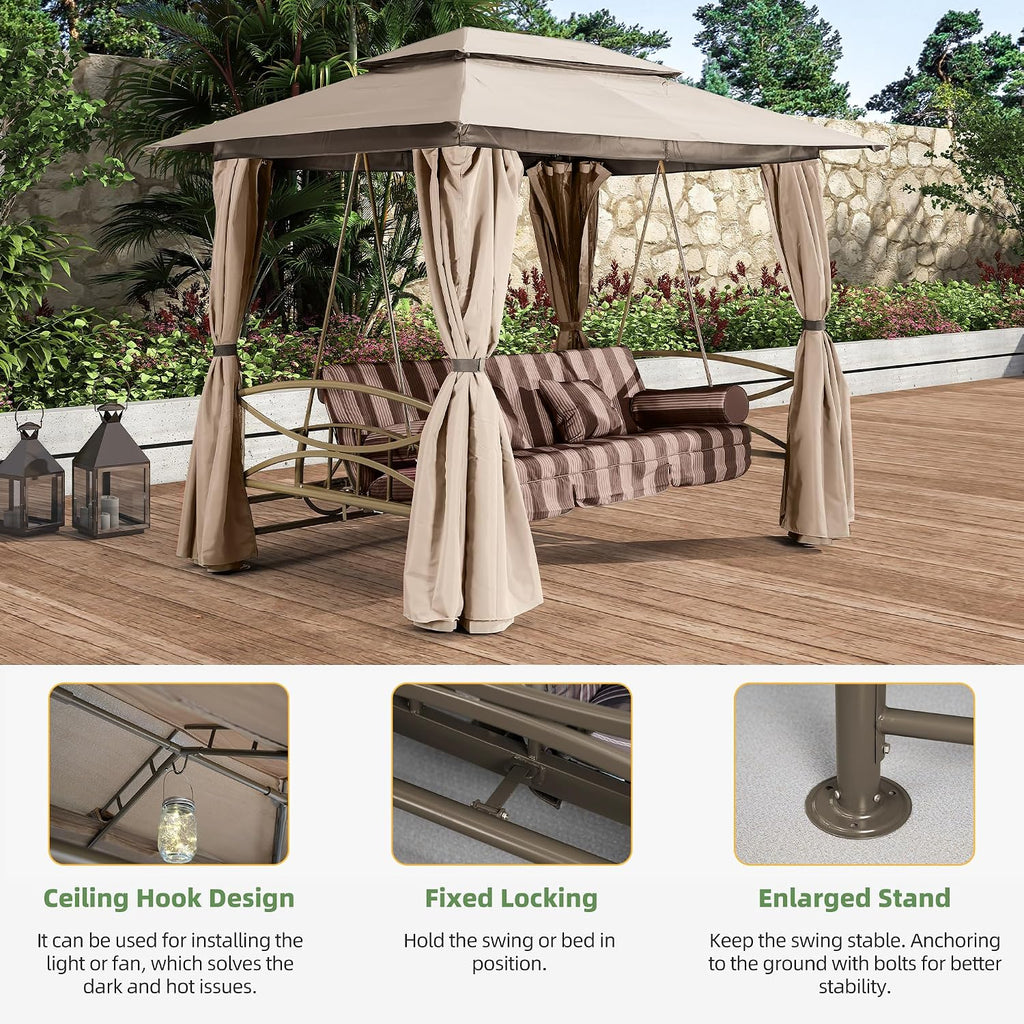 PURPLE LEAF 3 Person Outdoor Patio Porch Swing Gazebo with Netting & Gazebo Curtains with Canopy Swings for Adults