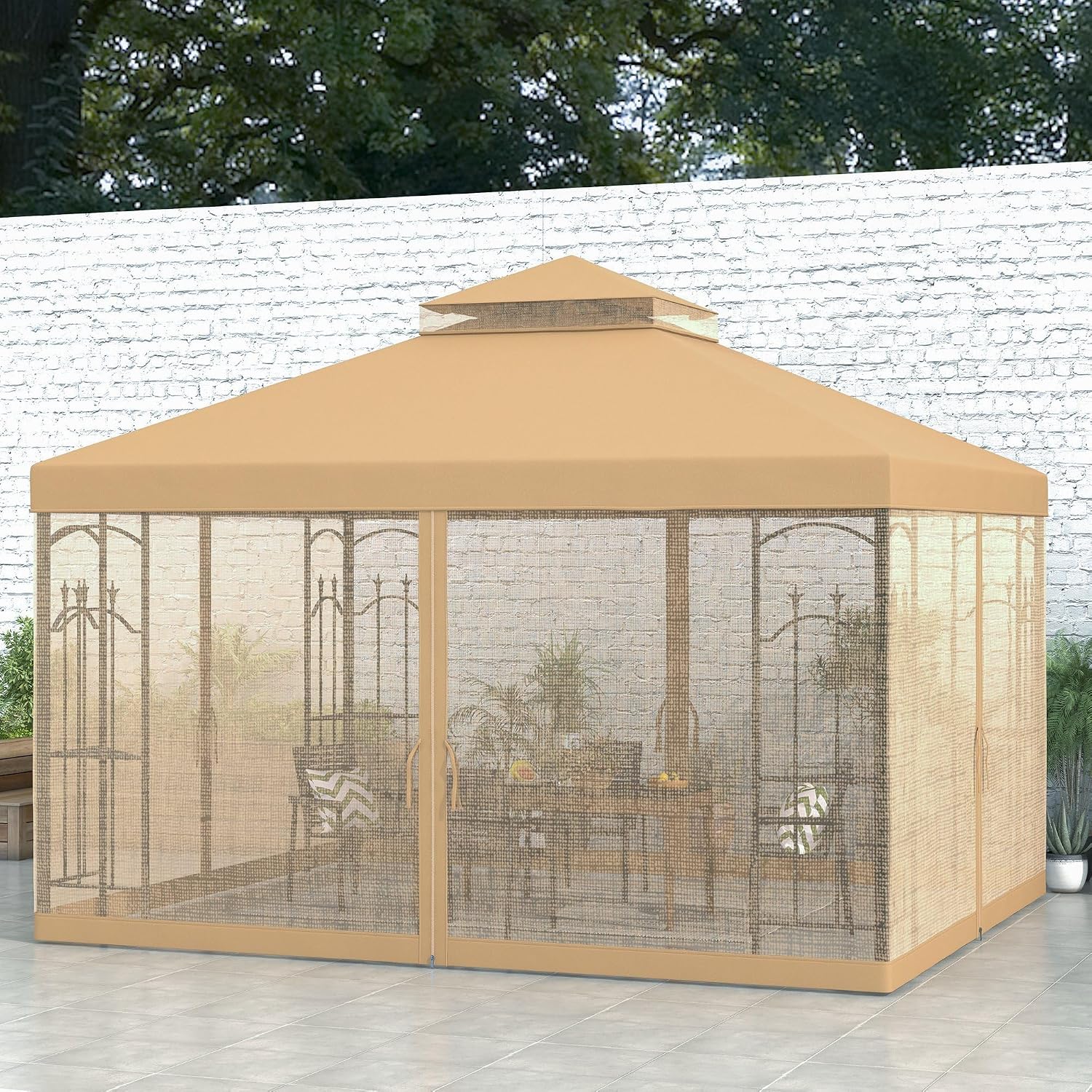 Outsunny 10' x 12' Patio Gazebo with Corner Frame Shelves, Double Roof Outdoor Gazebo Canopy Shelter with Netting for Patio, Wedding, Catering & Events, Brown