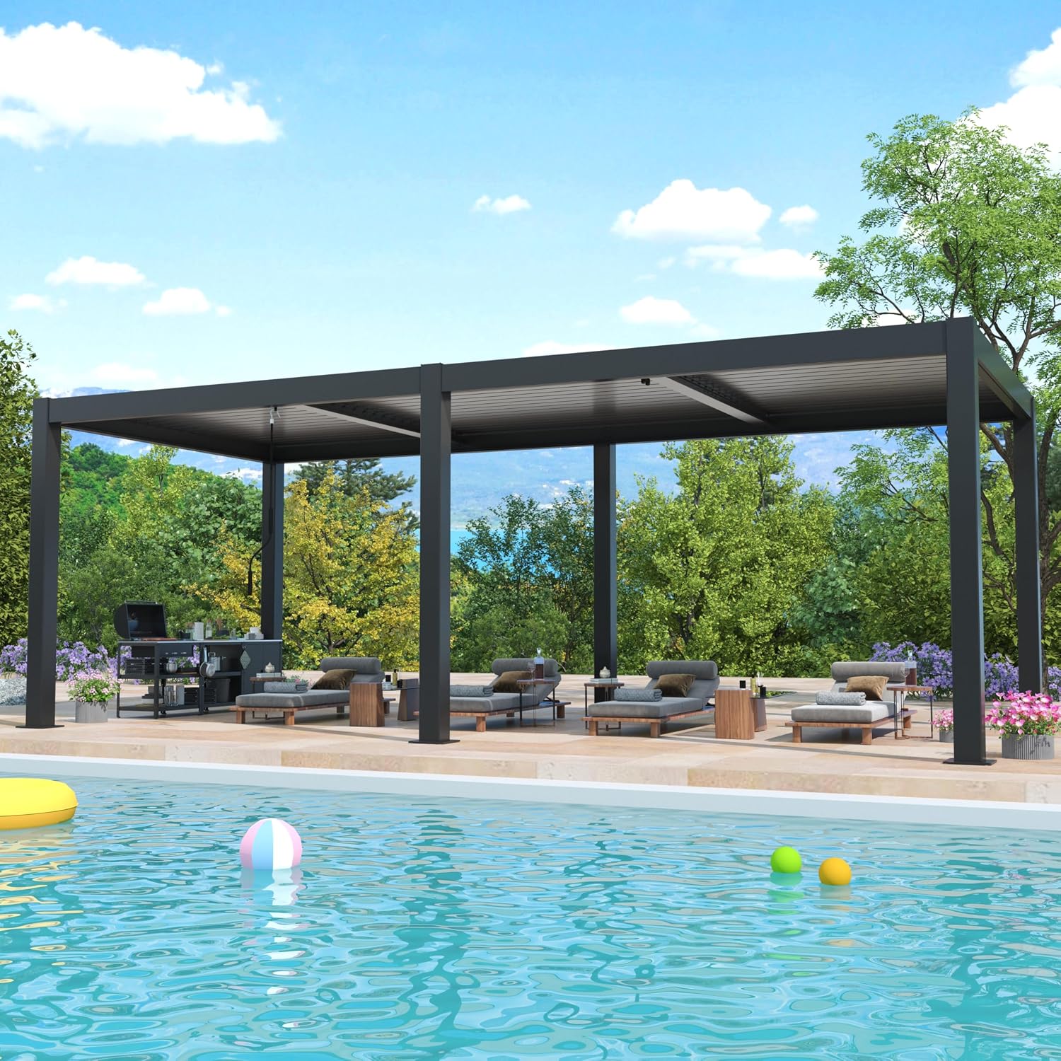 LVUYOYO Outdoor Louvered Pergola 10' x 20', Patio Aluminum Pergola with Adjustable Roof, Waterproof Metal Gazebo for Backyard, Garden, Deck (Black)