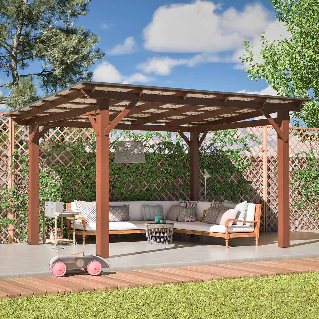 10' x 13' Wooden Pergola with Sloping Metal Roof, Heavy Duty Fir Wood Frame Patio Gazebo, Wind-Resistant UV & Rain Protection Outdoor Shelter for Garden, Backyard, BBQ or Deck