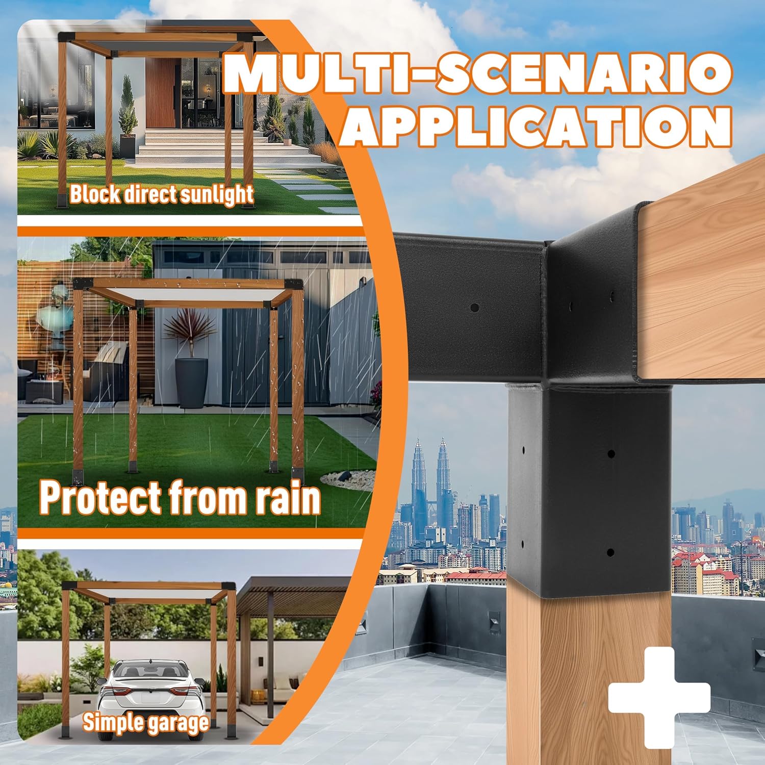 Pergola Brackets Kit (Actual 3.9''x3.9'') 4x4 Woodworks Pergola Kit with 3-Way Right Angle Corner Bracket and Base Bracket DIY Elevated Wood Stand Kit for Outdoor