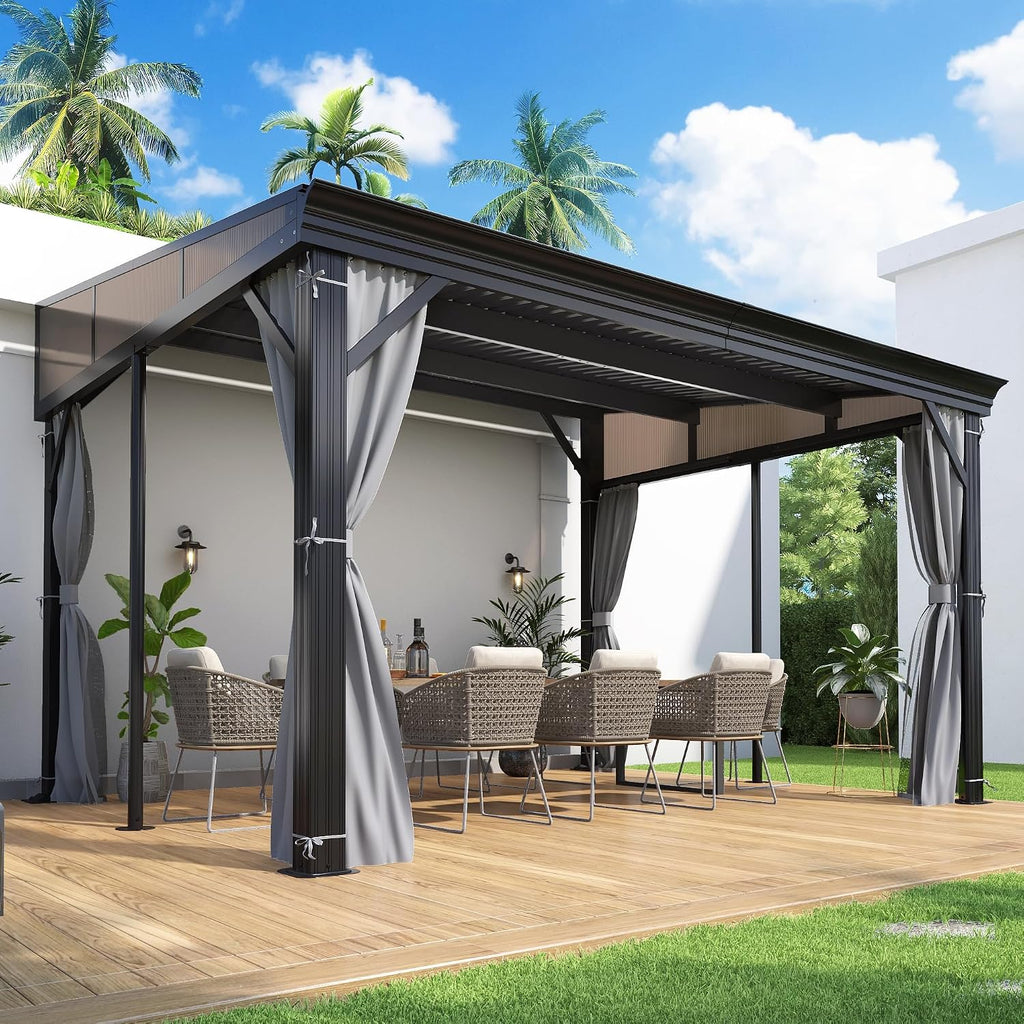 COVERONICS 10' X 12' Outdoor Lean to Gazebo - Wall-Mounted Aluminum Frame Gazebo with Slope Metal Roof, Patio Heavy-Duty Lean to Pergola with Netting & Curtains for Garden, Backyard, Deck