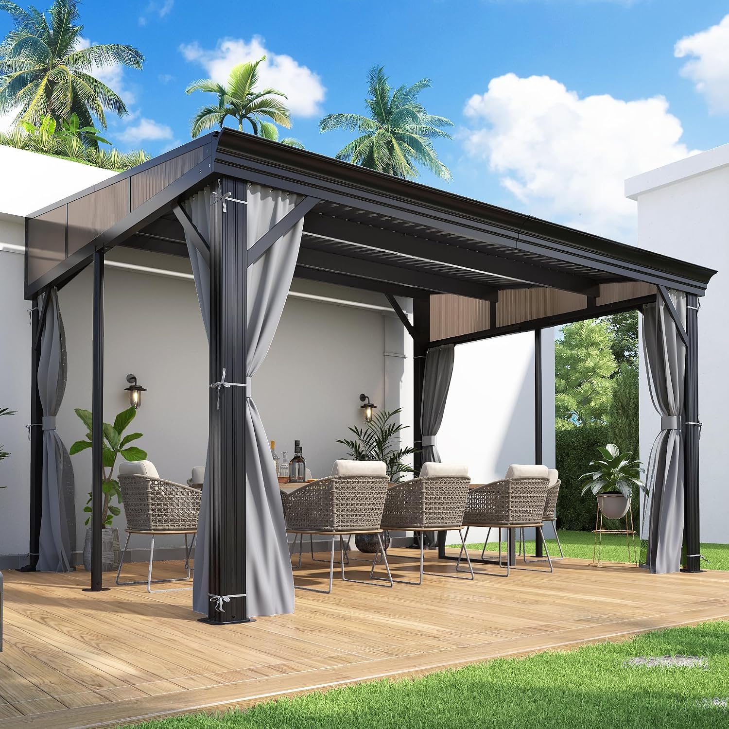 COVERONICS 10' X 12' Outdoor Lean to Gazebo - Wall-Mounted Aluminum Frame Gazebo with Slope Metal Roof, Patio Heavy-Duty Lean to Pergola with Netting & Curtains for Garden, Backyard, Deck