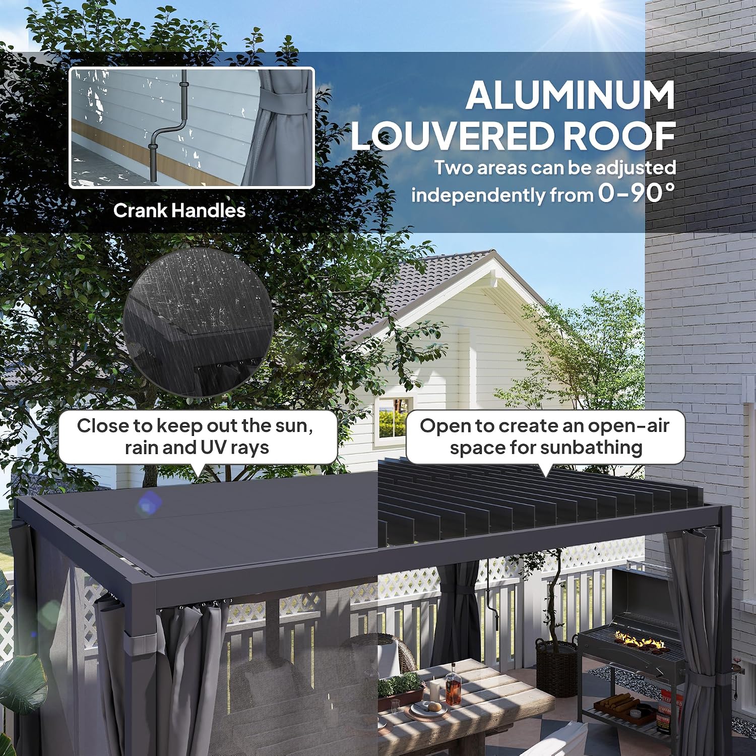 Outsunny 10 x 13 ft. Louvered Pergola Hardtop Gazebo with Adjustable Aluminum Roof and Frame, Outdoor Pergola with Curtains and Netting, for Garden, Lawn, Backyard, and Deck, Dark Gray