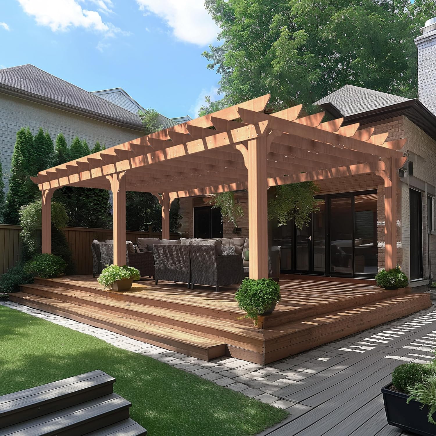 VEIKOU 12x20 FT Cedar Wood Gazebo, Outdoor Pergola with 5.5' Thick Snow Wind Support Structure, Pergola Kits with Stakes, Slatted for Patio, Backyard, Garden