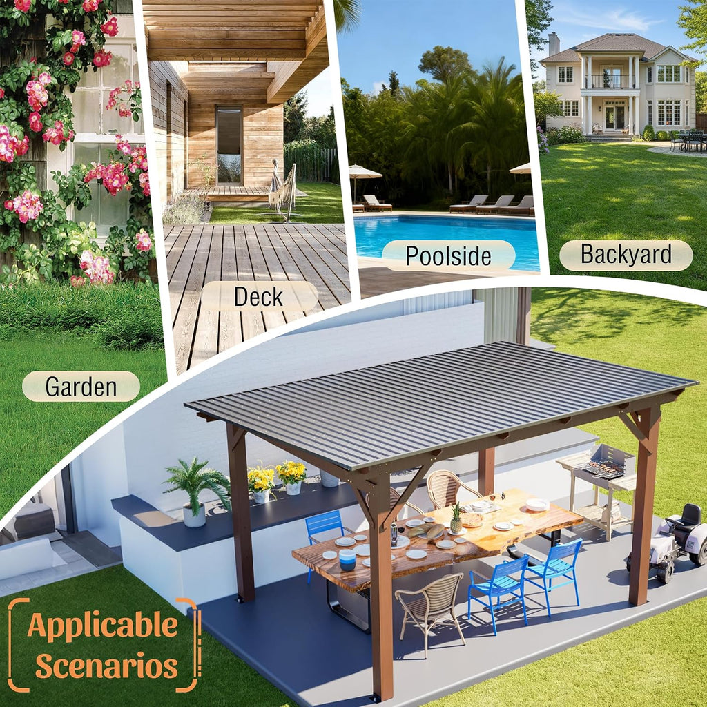 YOPTO 13.1x7.7 FT Gazebo,Outdoor Pergola W/Metal Roof,Lean to Gazebo W/UV-Resistant & Water Resistant,Wall-Mounted Heavy Duty Fir Wood Pergola W/Protective Corners,for Backyard Patio Garden,Brown