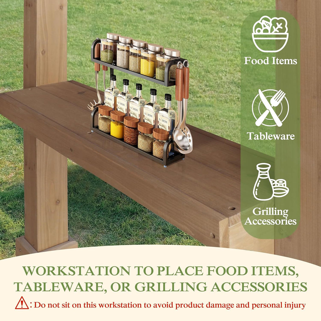 BlueWish 6' x13' Outdoor Grill Gazebo, Wood Grill Gazebo with Metal Sloping Roof, Heavy Duty Cedar Wood Frame, Wind-Resistant Patio Gazebo with Shelves for Barbecue, Backyard, Light Mocha Brown